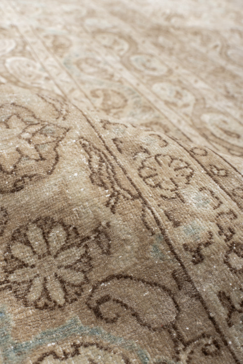 8' x 11' one-of-a-kind handmade antique Qum large size rug. Color palette: ivory, beige, taupe, pale blue, cream, sand, gray