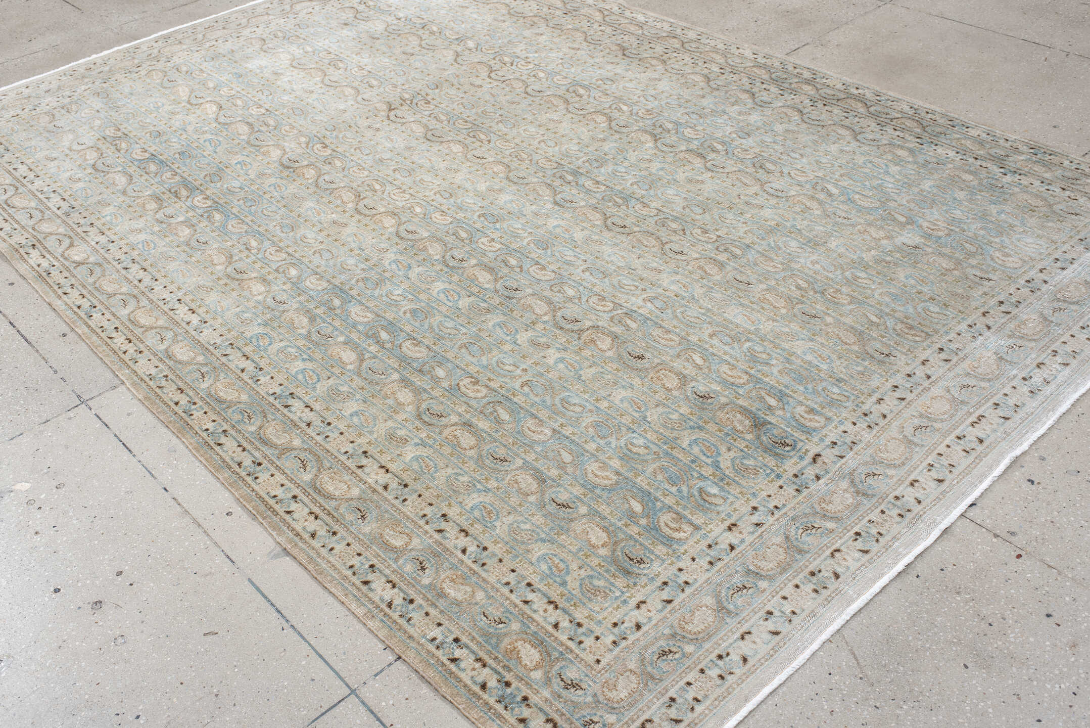 7' x 10' one-of-a-kind handmade antique Meshed large size rug. Color palette: ivory, light blue, taupe, beige, camel, brown