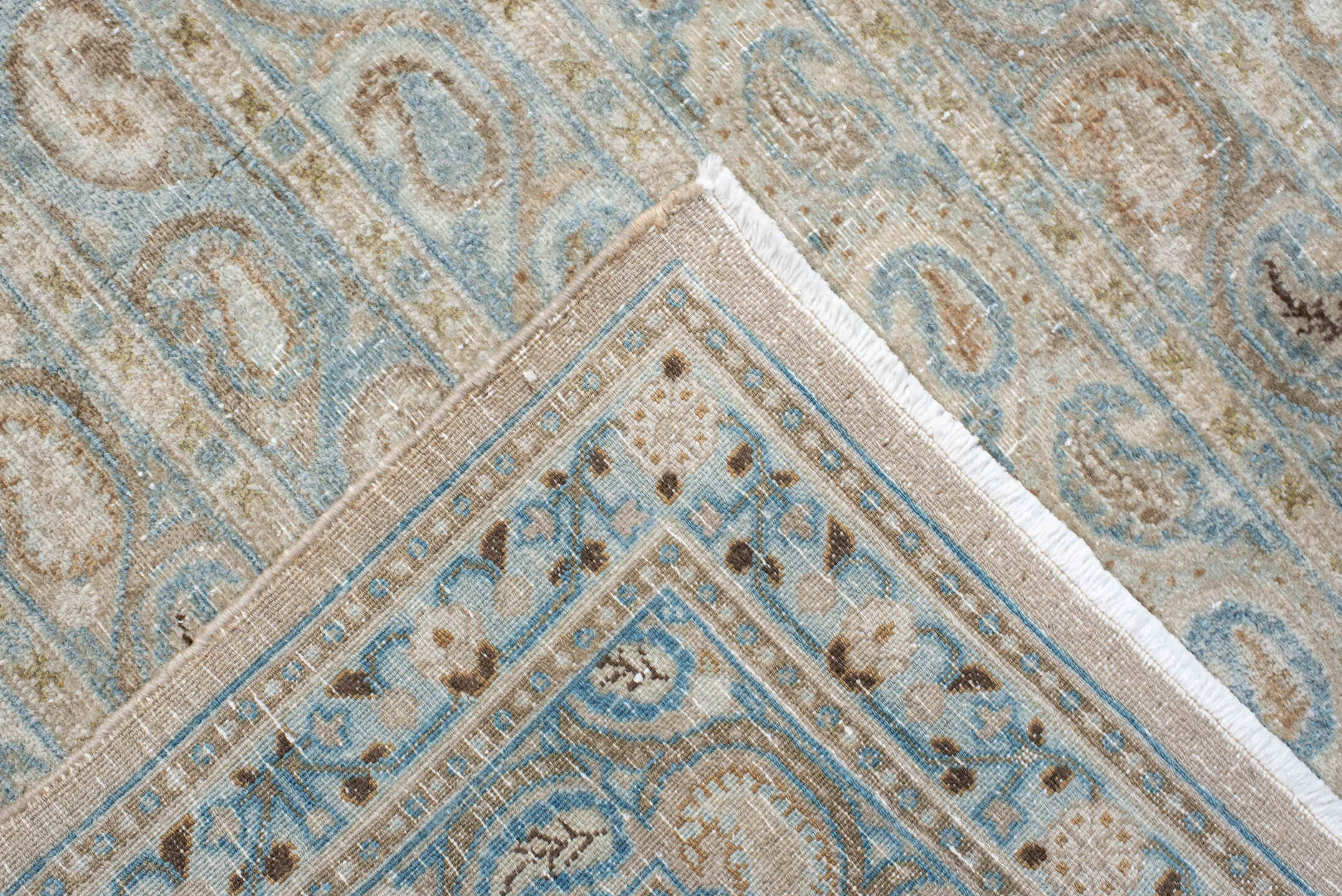 7' x 10' one-of-a-kind handmade antique Meshed large size rug. Color palette: ivory, light blue, taupe, beige, camel, brown
