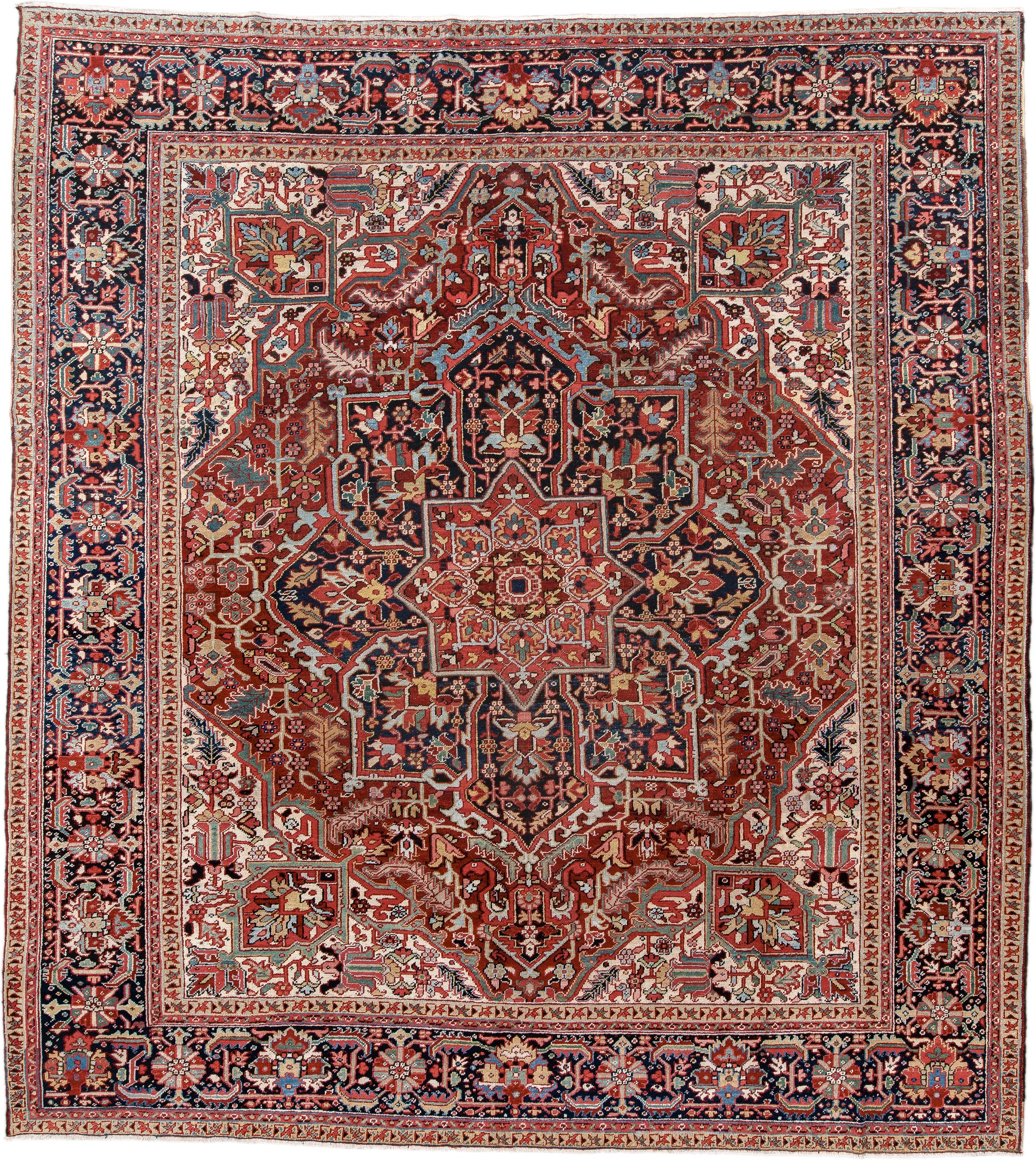 10' x 11' one-of-a-kind handmade antique Heriz large size rug. Color palette: rust, navy, ivory, brick, sky_blue, coral