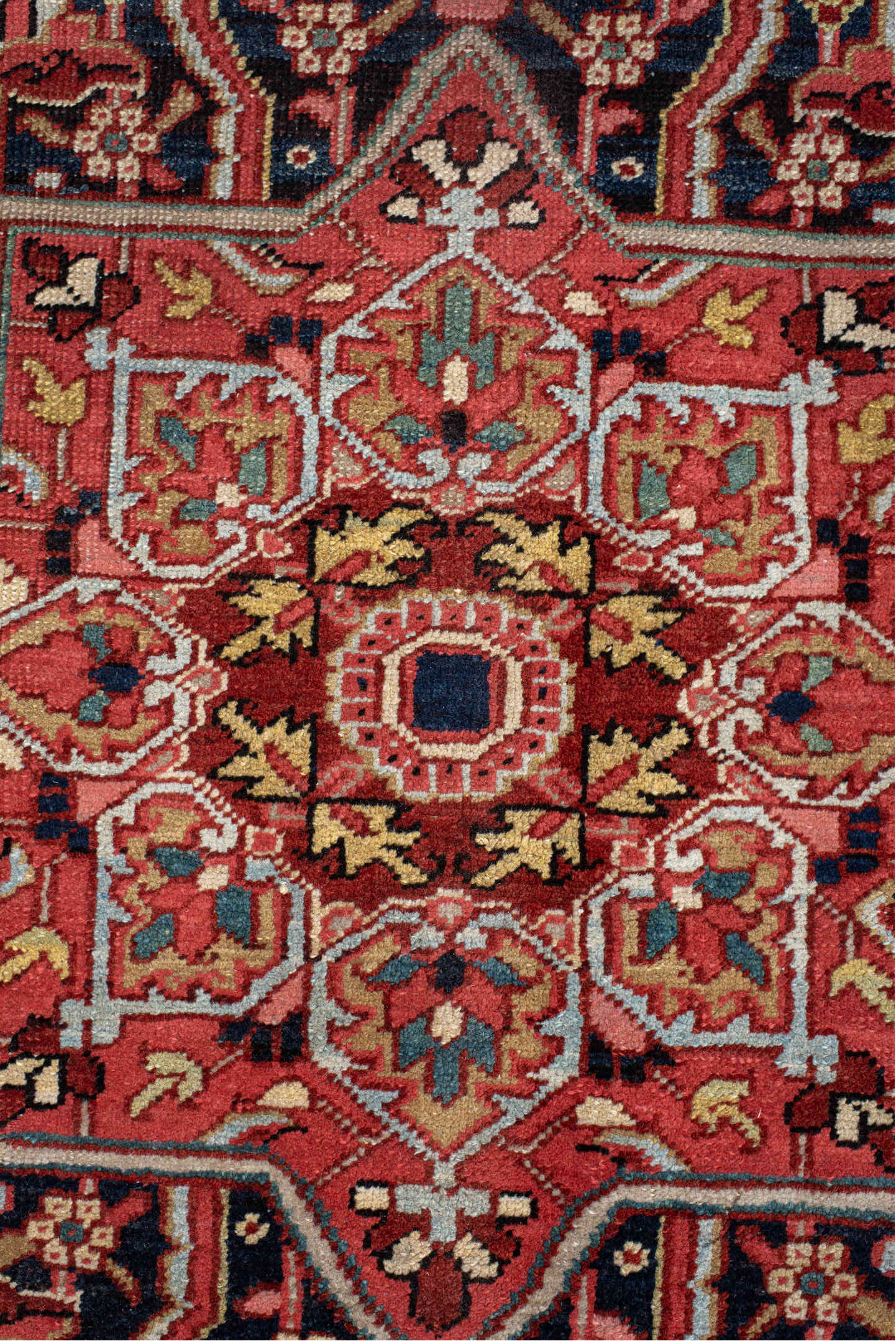 10' x 11' one-of-a-kind handmade antique Heriz large size rug. Color palette: rust, navy, ivory, brick, sky_blue, coral