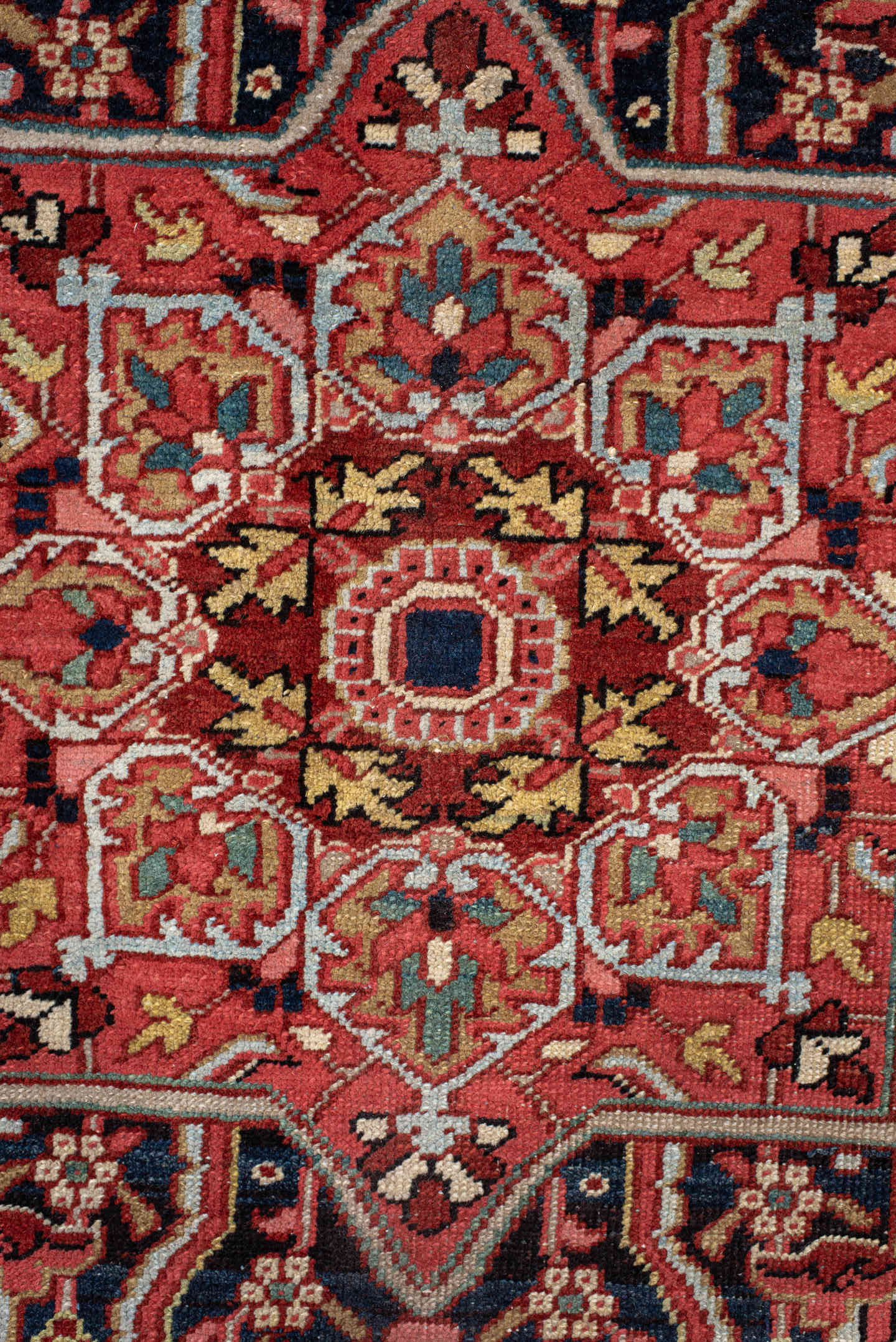 10' x 11' one-of-a-kind handmade antique Heriz large size rug. Color palette: rust, navy, ivory, brick, sky_blue, coral