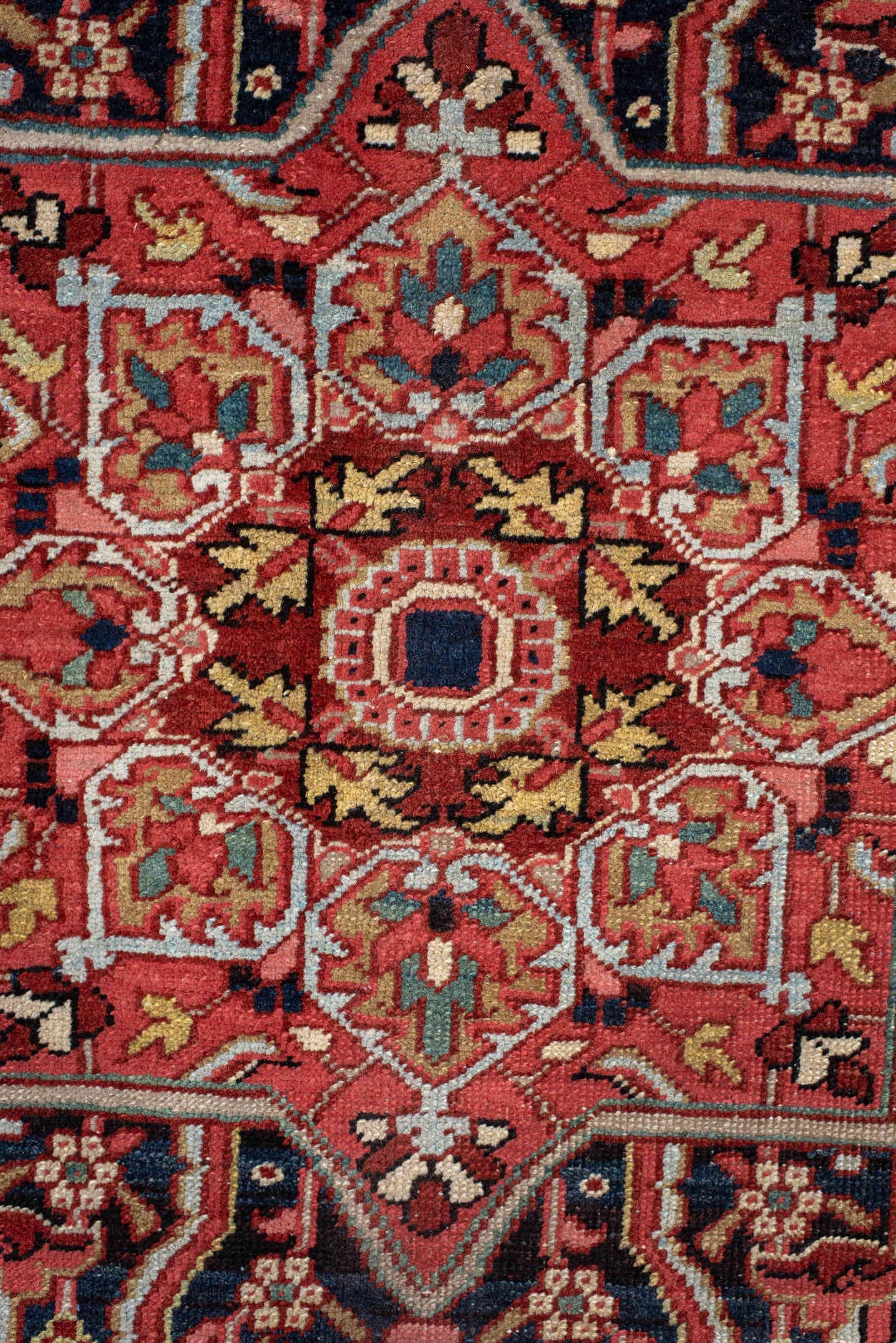 10' x 11' one-of-a-kind handmade antique Heriz large size rug. Color palette: rust, navy, ivory, brick, sky_blue, coral