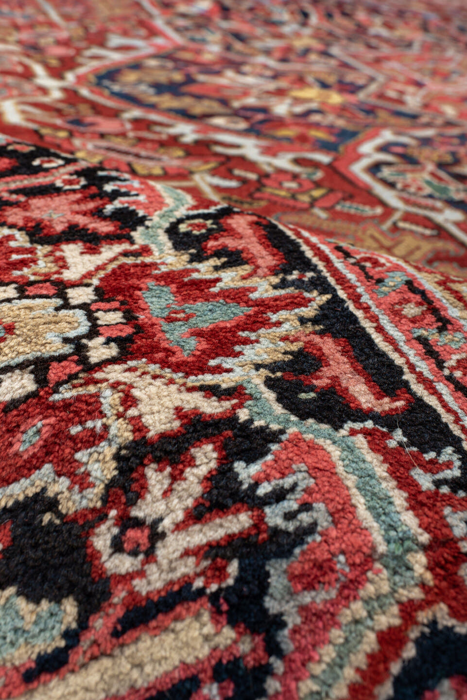 10' x 11' one-of-a-kind handmade antique Heriz large size rug. Color palette: rust, navy, ivory, brick, sky_blue, coral