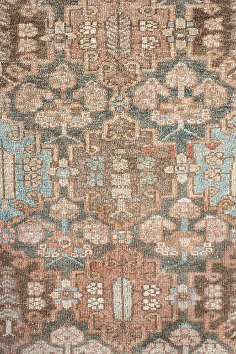 7' x 9' one-of-a-kind handmade vintage Baktiary rug. Color palette: taupe, charcoal, blush, ivory, sky blue, brown, rose