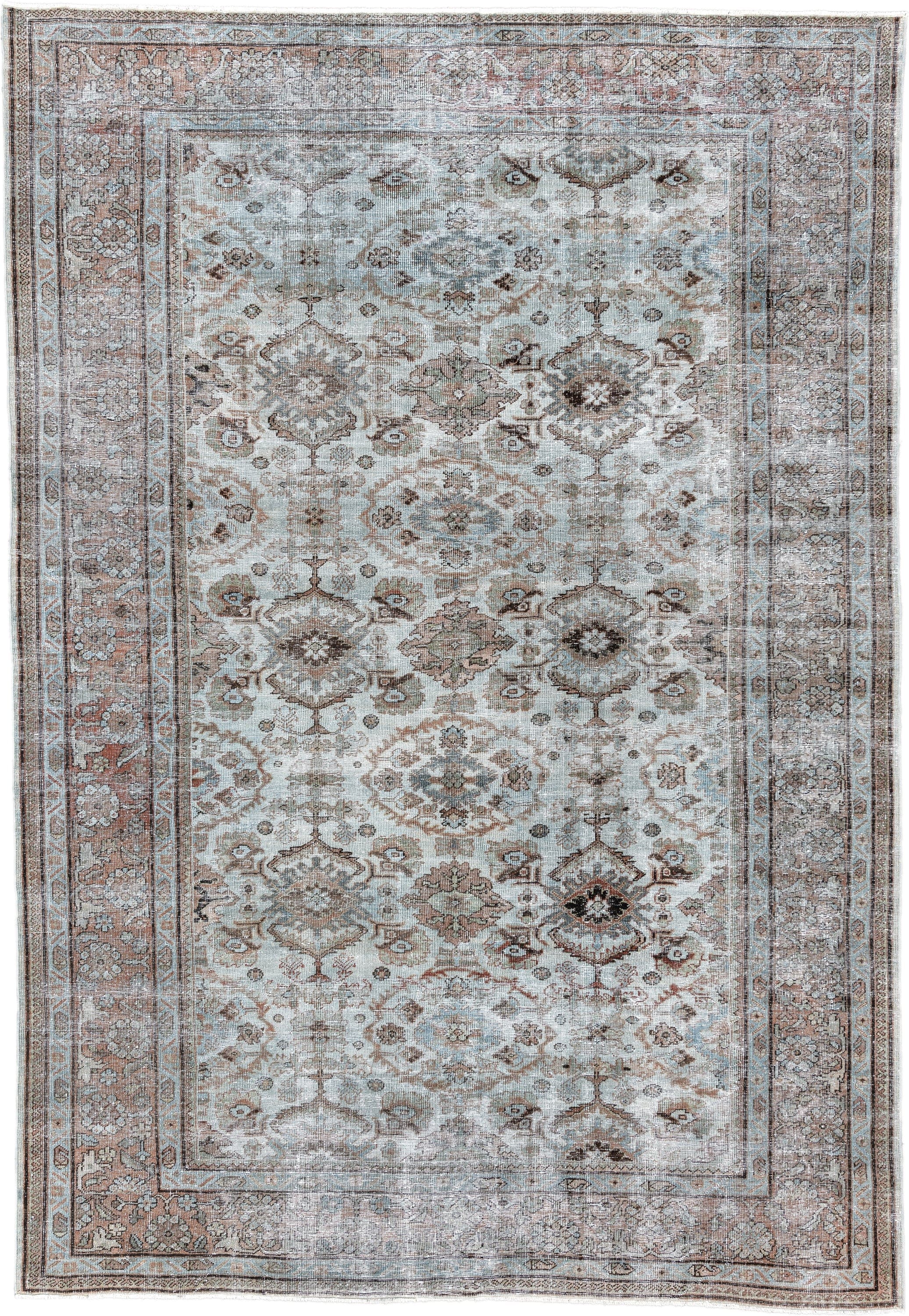 7' x 10' one-of-a-kind handmade vintage Mahal large size rug. Color palette: ivory, light blue, taupe, rust, brown, camel