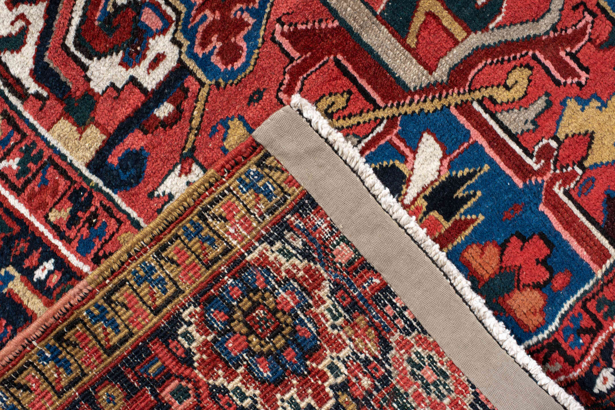 9' x 11' one-of-a-kind handmade antique Heriz large size rug. Color palette: rust, navy, ivory, coral, burgundy, sky_blue