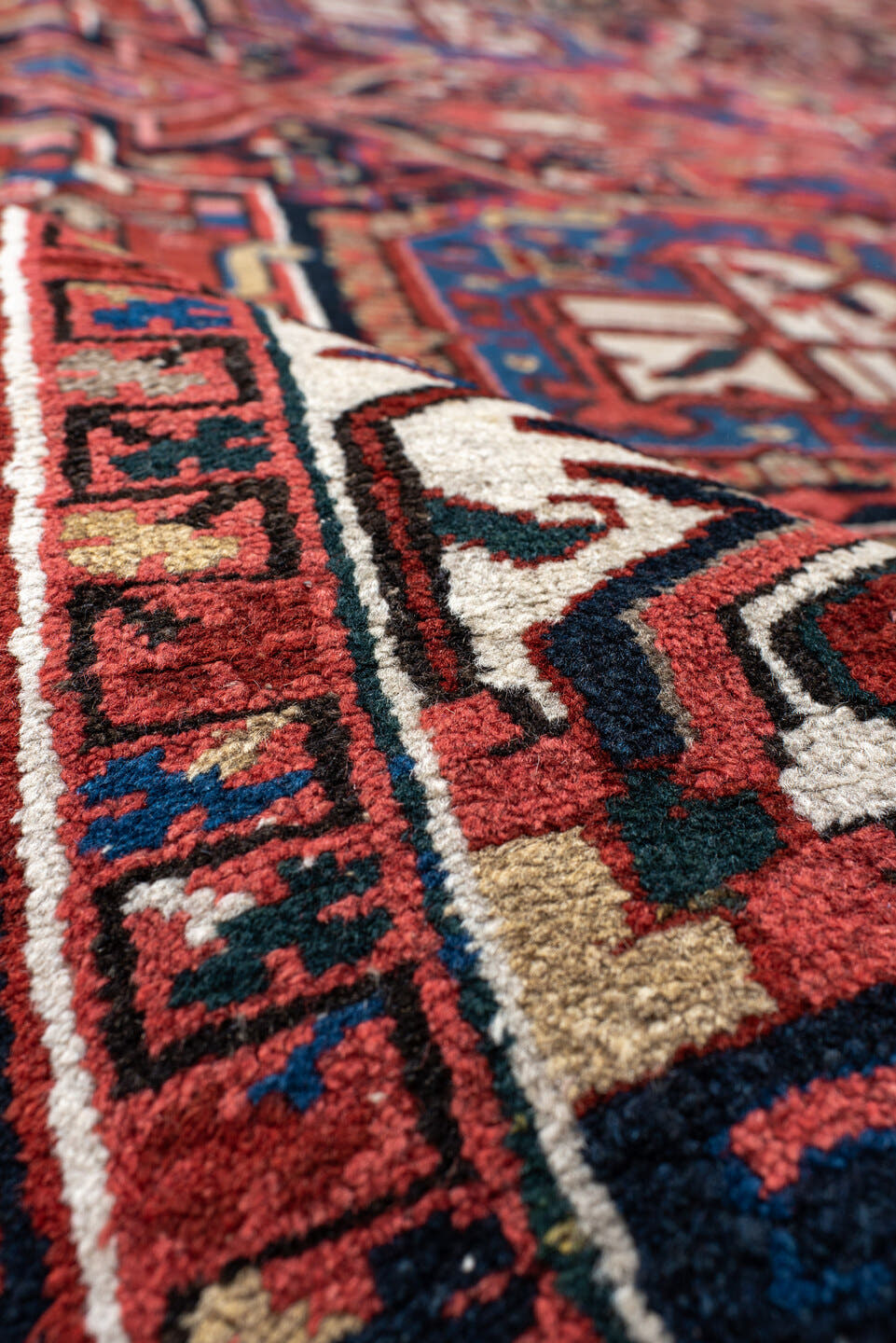 9' x 11' one-of-a-kind handmade antique Heriz large size rug. Color palette: rust, navy, ivory, coral, burgundy, sky_blue