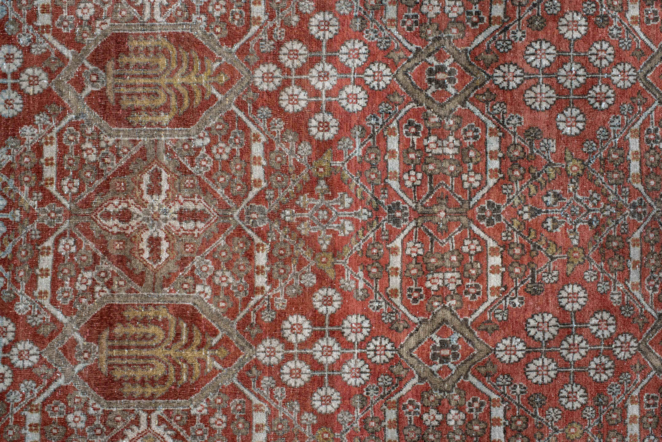 8' x 11' one-of-a-kind handmade antique Joshegan large size rug. Color palette: rust, ivory, slate, brown, gold, camel