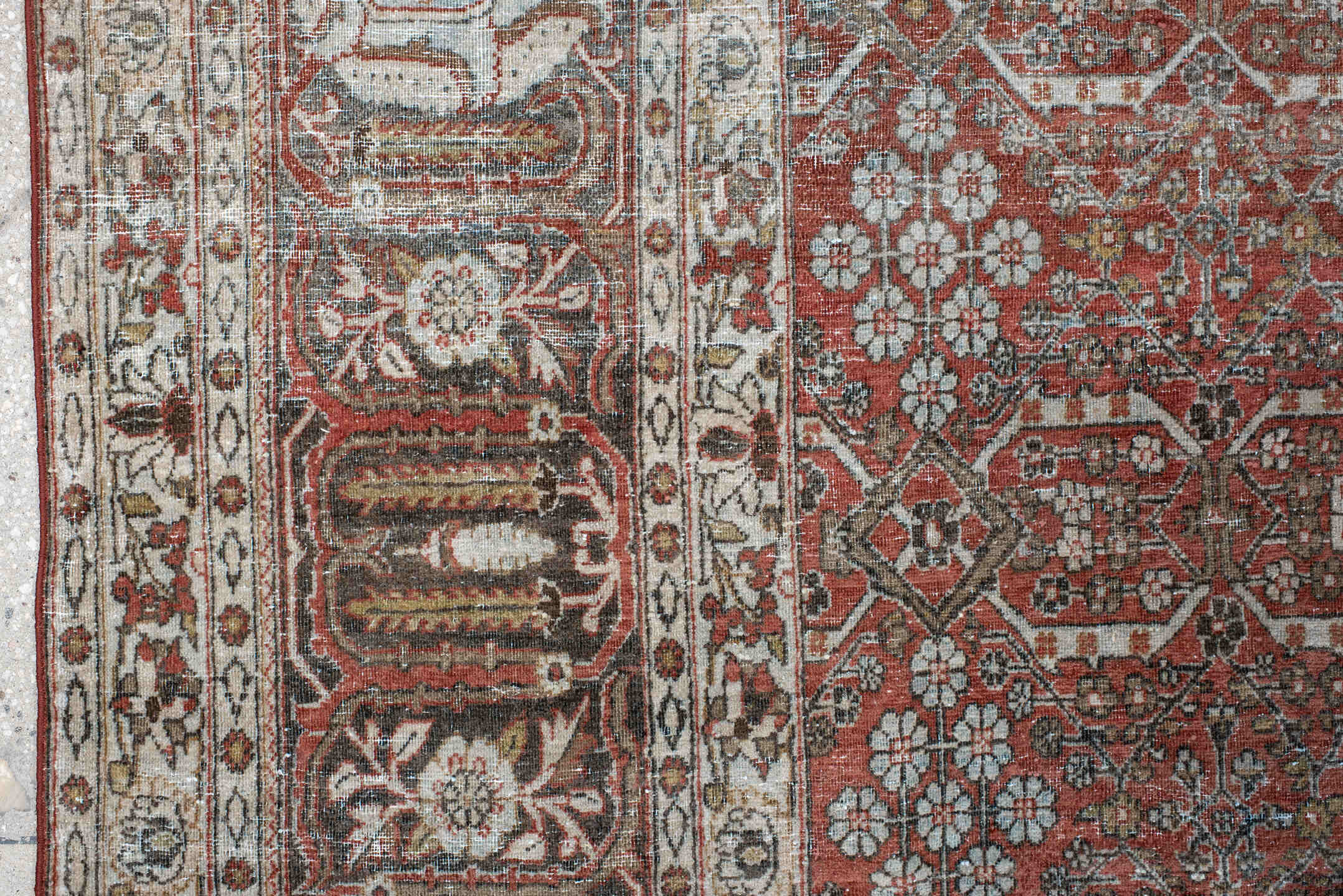 8' x 11' one-of-a-kind handmade antique Joshegan large size rug. Color palette: rust, ivory, slate, brown, gold, camel