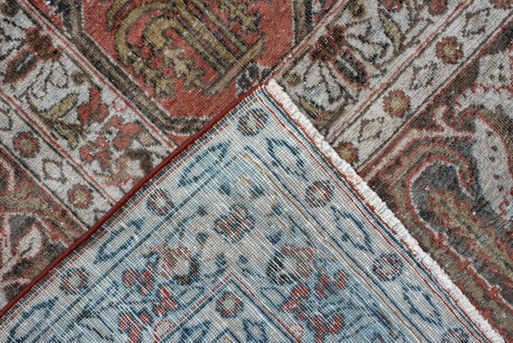 8' x 11' one-of-a-kind handmade antique Joshegan large size rug. Color palette: rust, ivory, slate, brown, gold, camel