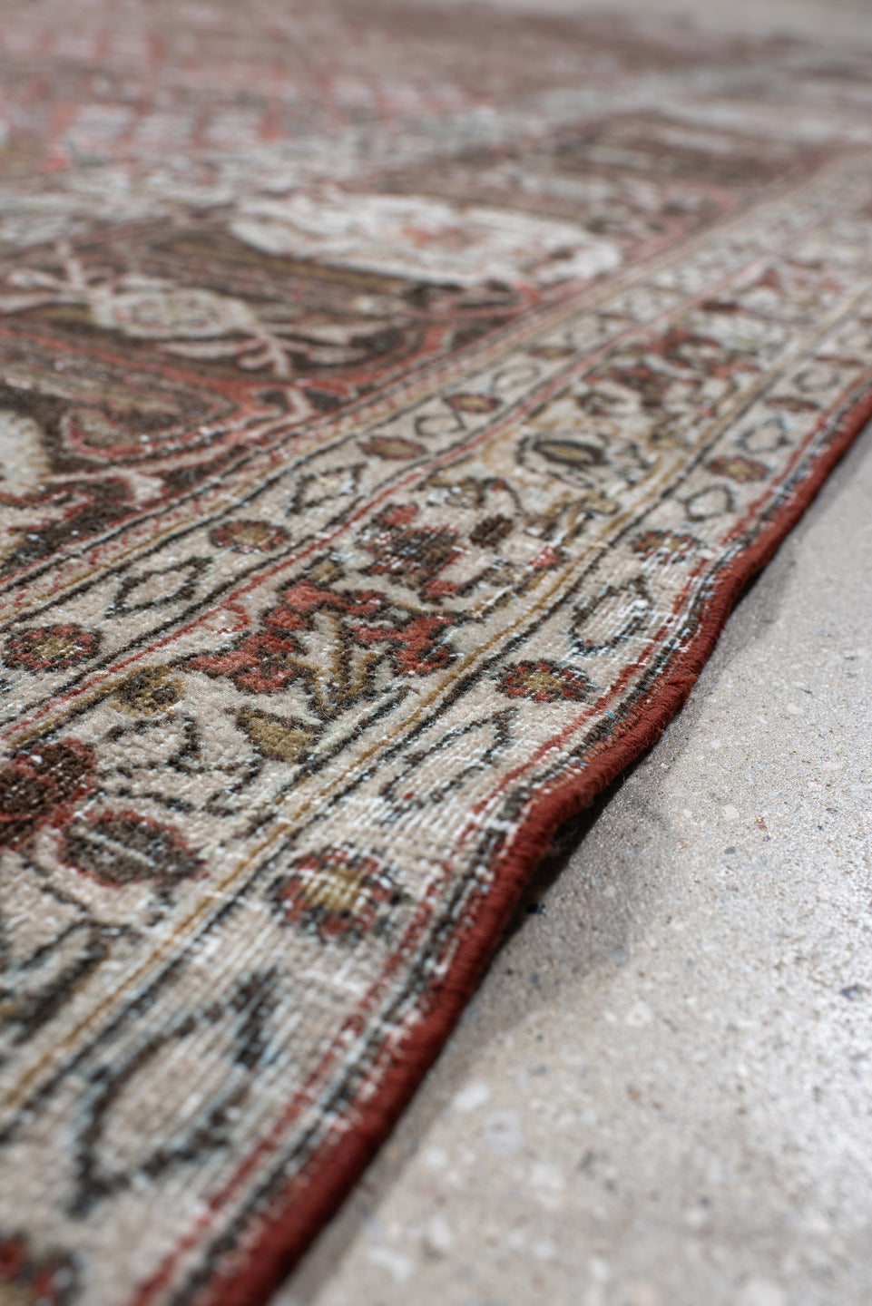 8' x 11' one-of-a-kind handmade antique Joshegan large size rug. Color palette: rust, ivory, slate, brown, gold, camel