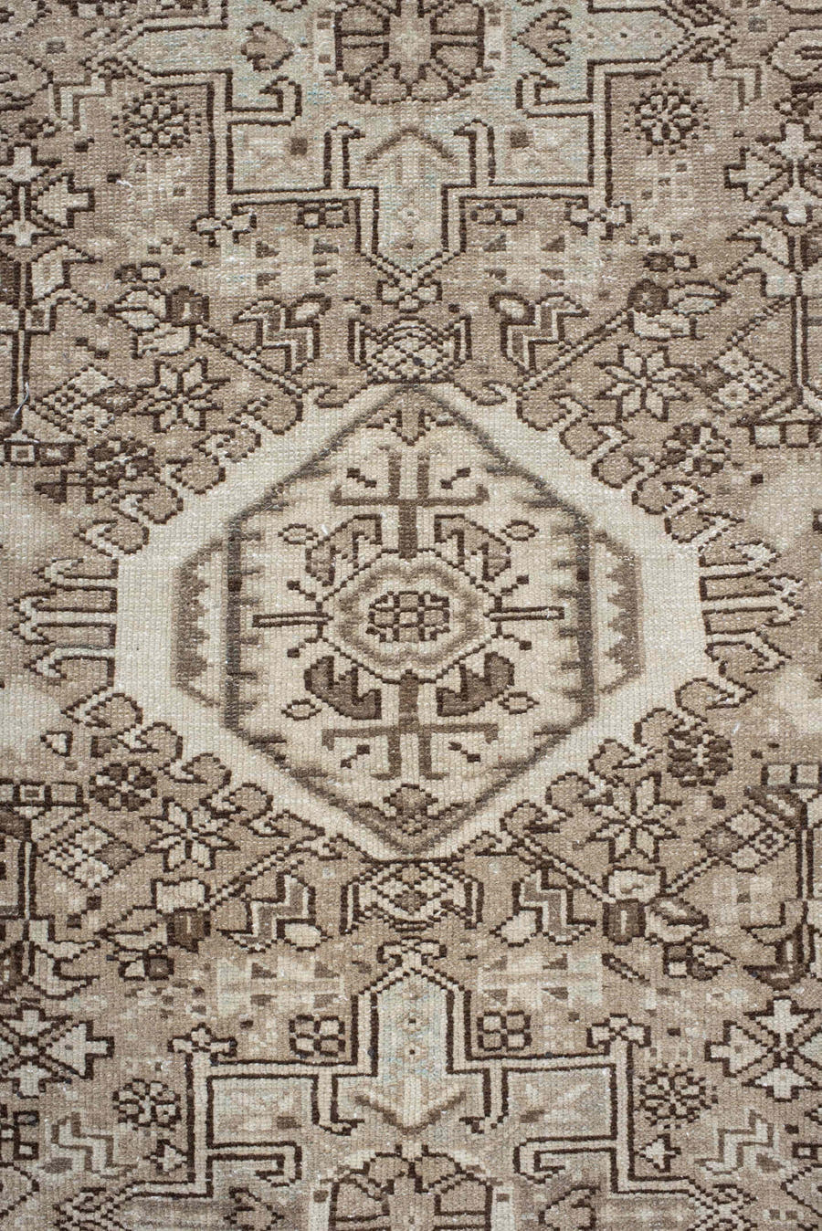 7' x 10' one-of-a-kind handmade vintage Karaje large size rug. Color palette: taupe, ivory, brown, rose, camel, charcoal