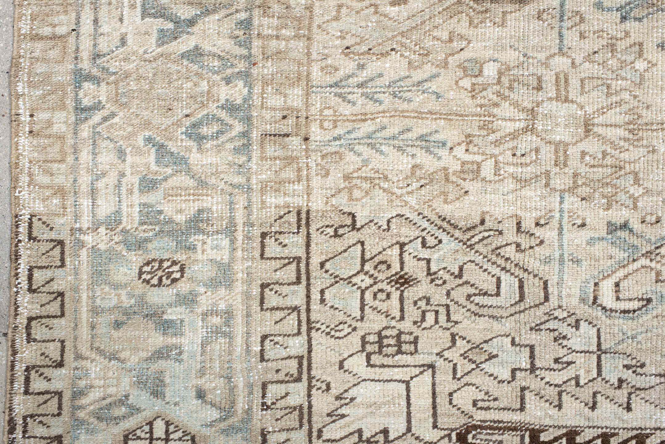 7' x 8' one-of-a-kind handmade vintage Heriz rug. Color palette: gray, off-white, brown, light gray, pink, linen, seashell