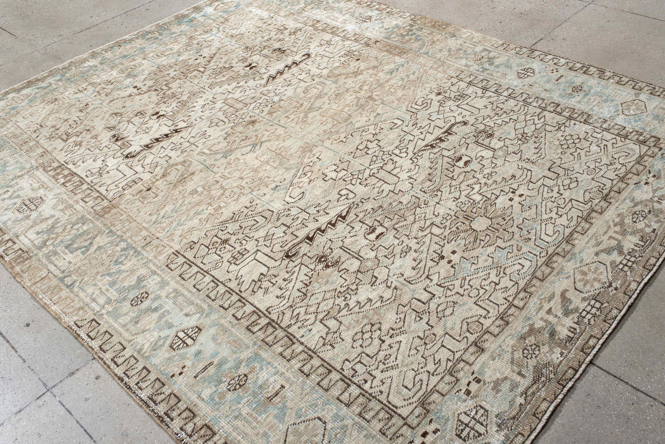 7' x 8' one-of-a-kind handmade vintage Heriz rug. Color palette: gray, off-white, brown, light gray, pink, linen, seashell