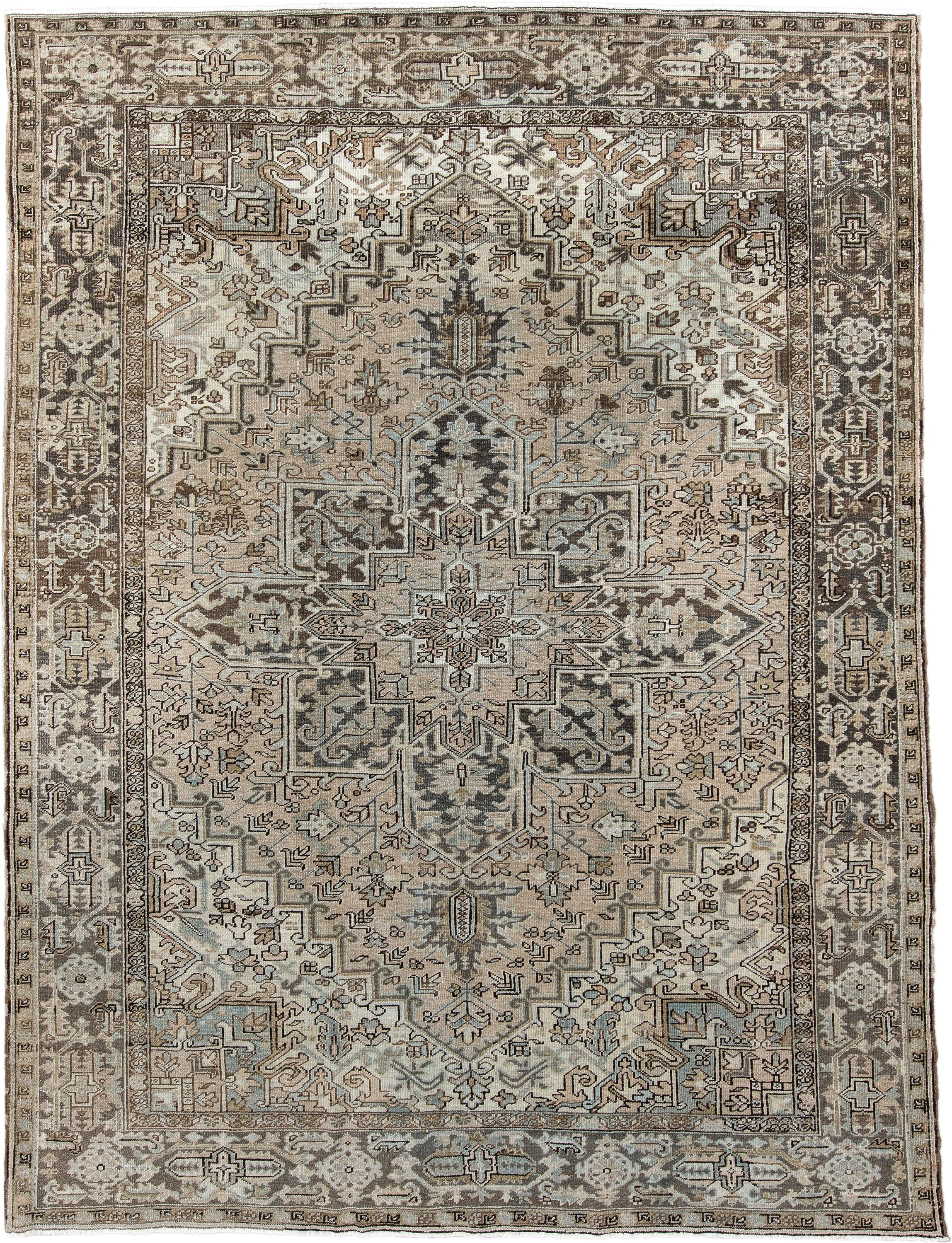 8' x 10' one-of-a-kind handmade antique Heriz large size rug. Color palette: ivory, taupe, charcoal, brown, slate, camel
