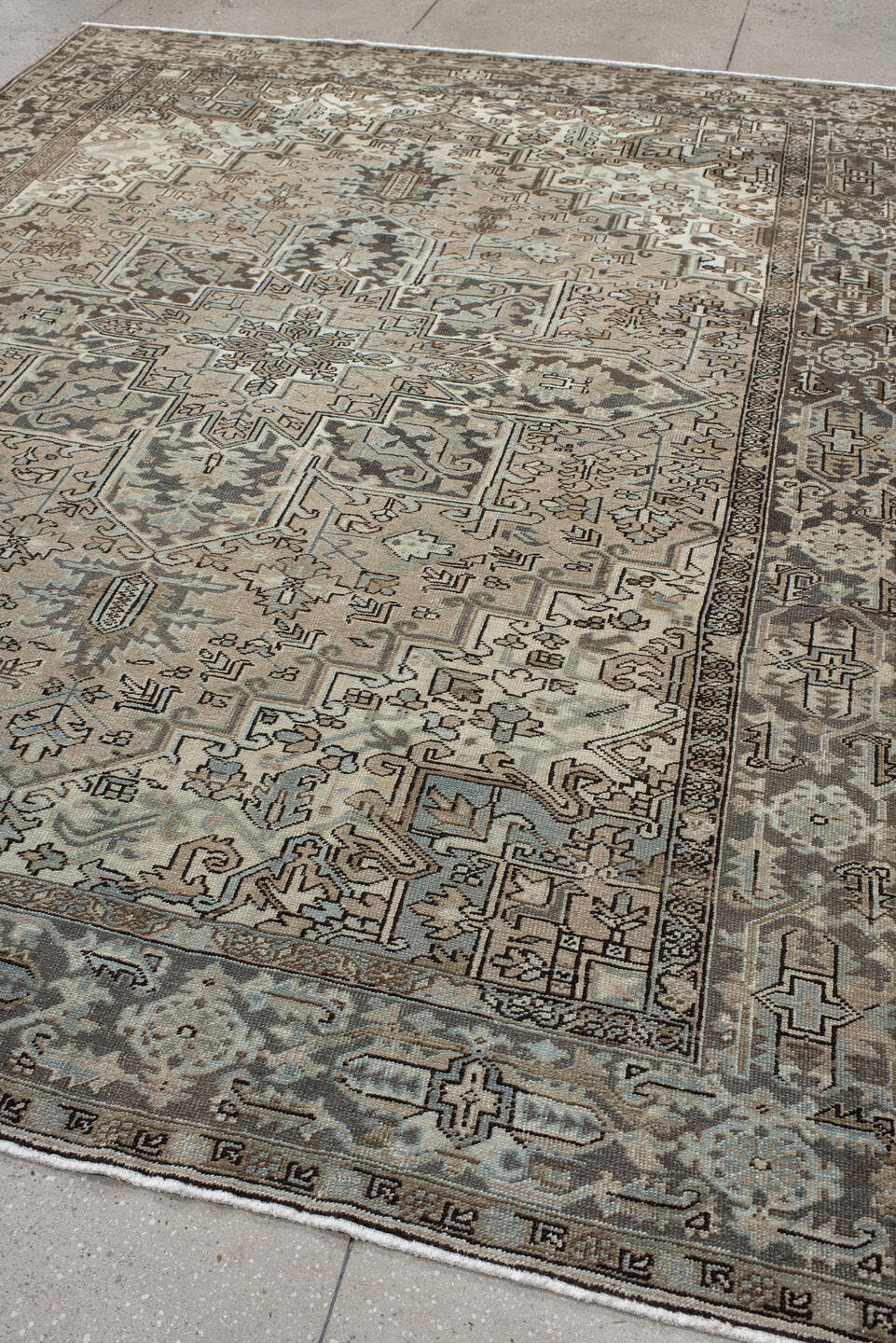 8' x 10' one-of-a-kind handmade antique Heriz large size rug. Color palette: ivory, taupe, charcoal, brown, slate, camel