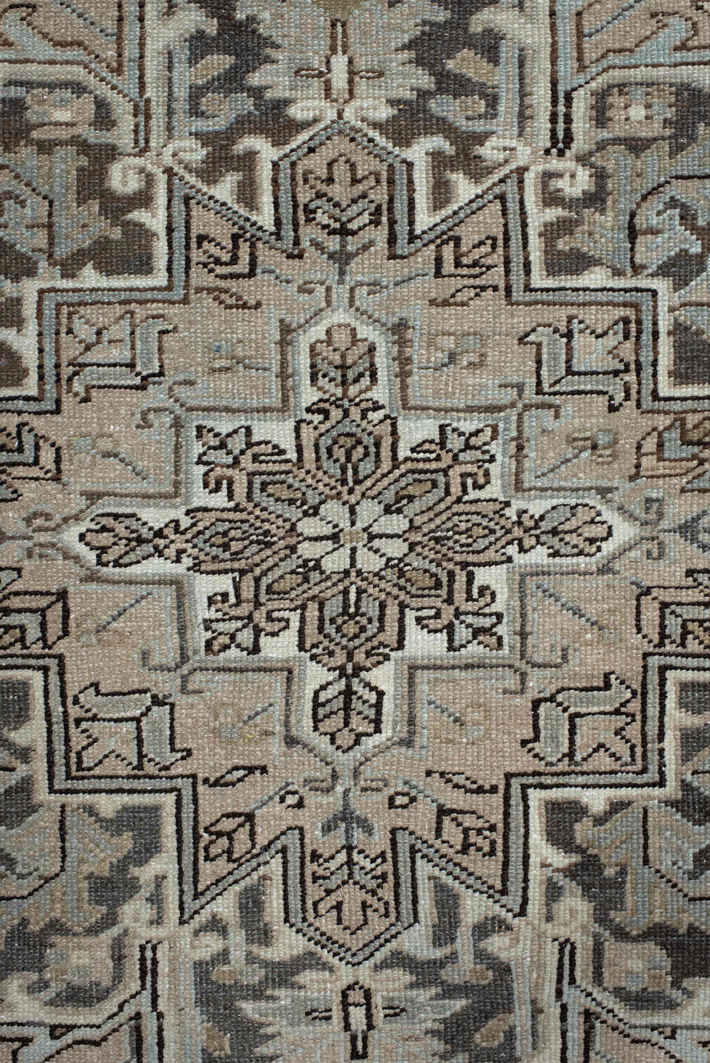 8' x 10' one-of-a-kind handmade antique Heriz large size rug. Color palette: ivory, taupe, charcoal, brown, slate, camel
