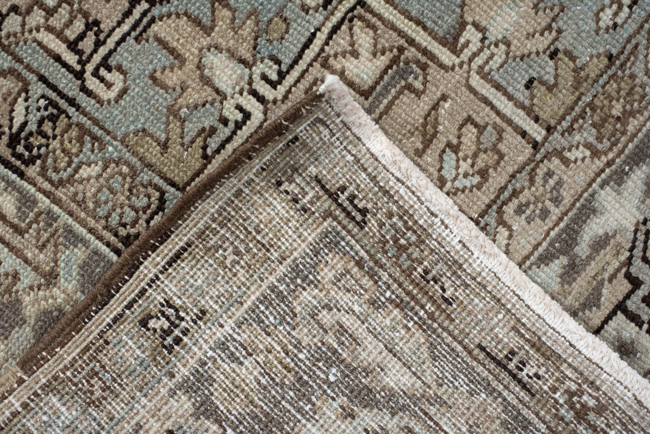8' x 10' one-of-a-kind handmade antique Heriz large size rug. Color palette: ivory, taupe, charcoal, brown, slate, camel