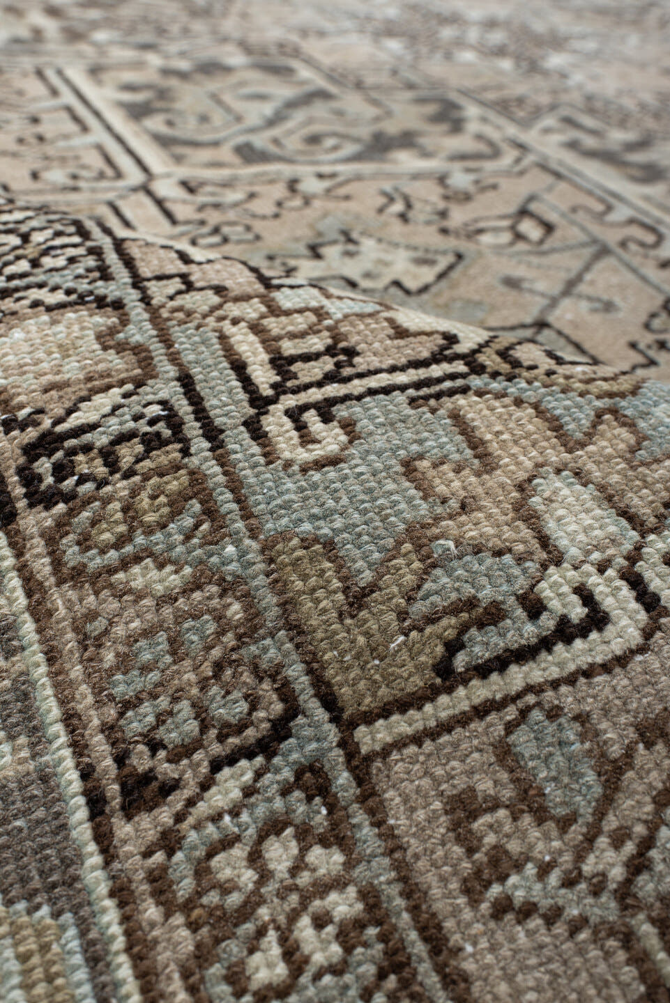 8' x 10' one-of-a-kind handmade antique Heriz large size rug. Color palette: ivory, taupe, charcoal, brown, slate, camel