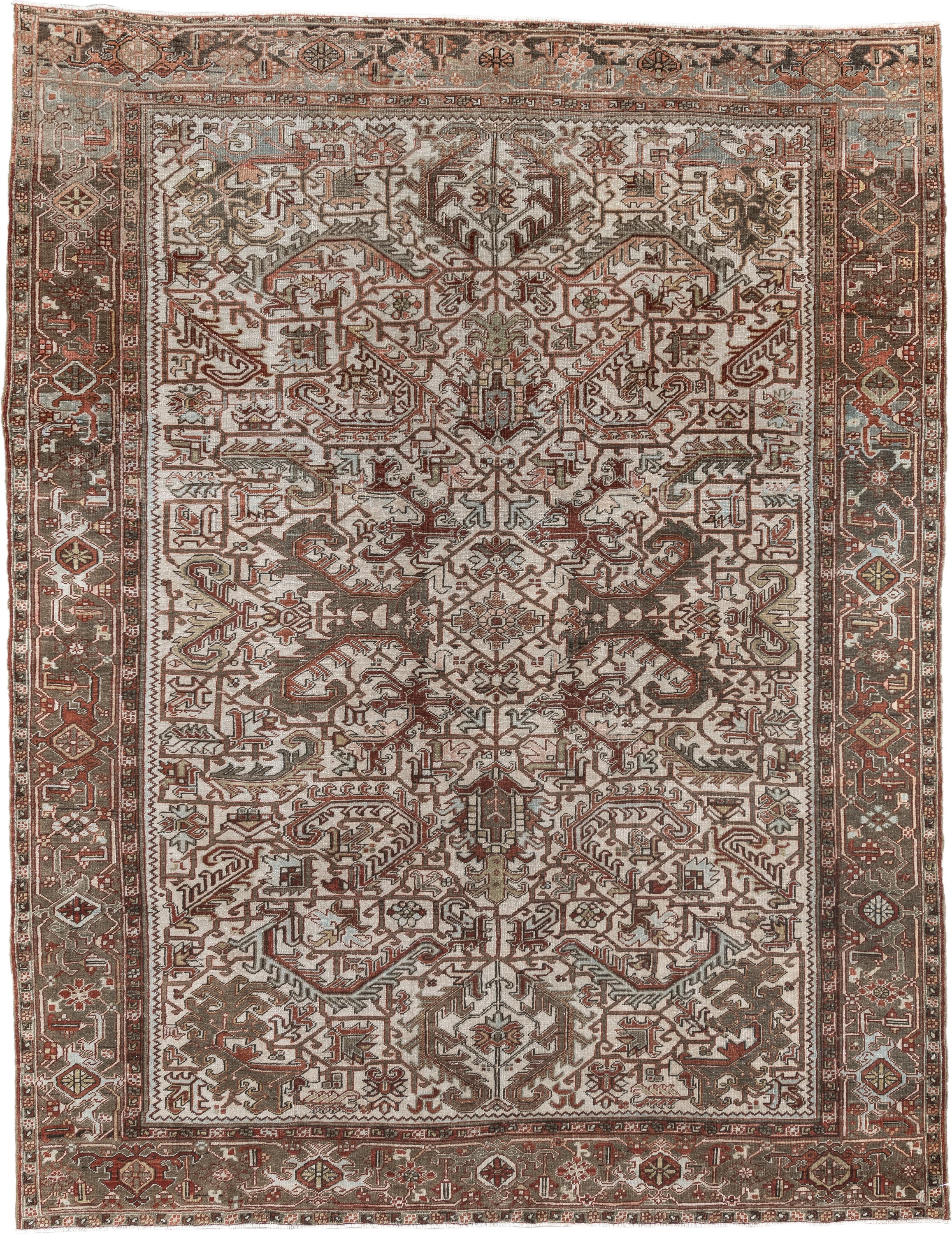 8' x 10' one-of-a-kind handmade vintage Heriz large size rug. Color palette: ivory, taupe, rust, charcoal, terra cotta
