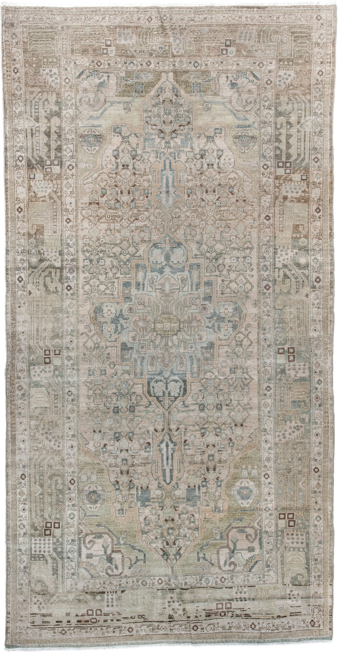 5' x 9' one-of-a-kind handmade antique Malayer medium size rug. Color palette: ivory, taupe, pale blue, beige, camel