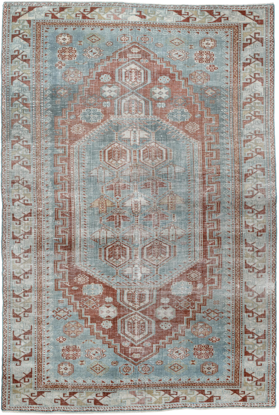 3' x 4' one-of-a-kind handmade antique Shirvan small size rug. Color palette: pale blue, rust, ivory, sage, taupe