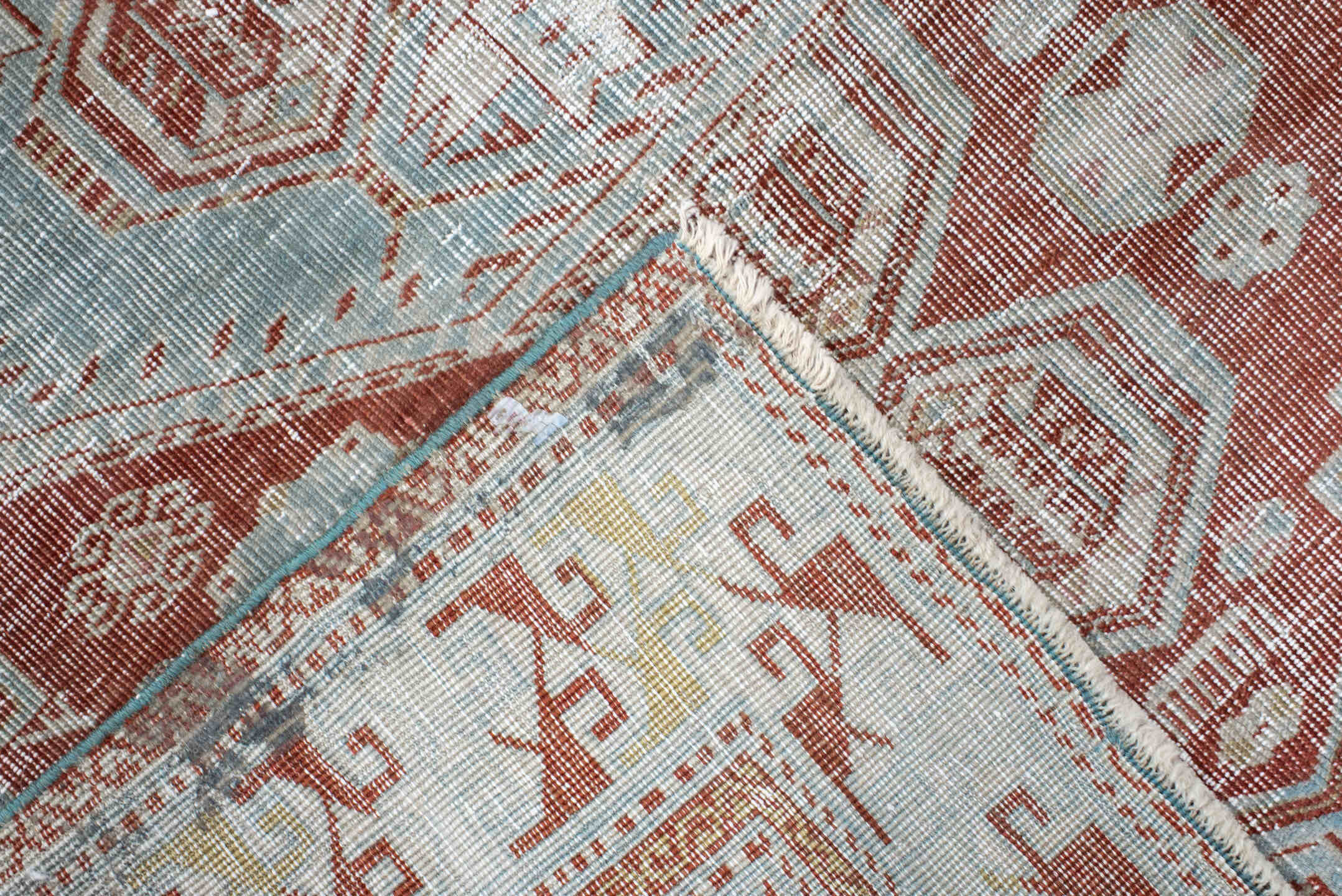 3' x 4' one-of-a-kind handmade antique Shirvan small size rug. Color palette: pale blue, rust, ivory, sage, taupe