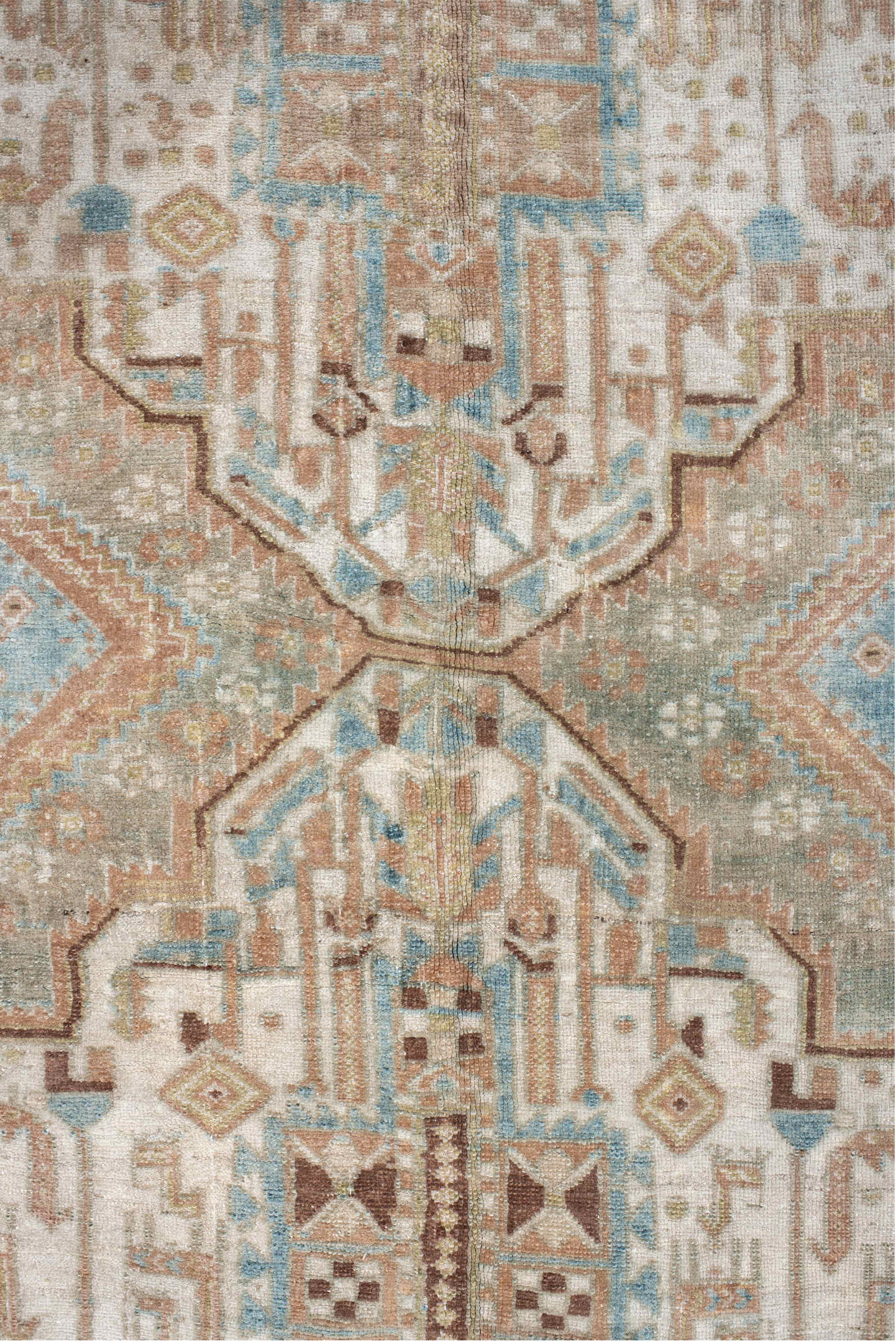 5' x 6' one-of-a-kind handmade antique Afshar rug. Color palette: sky blue, ivory, rust, blush, taupe, camel, brown