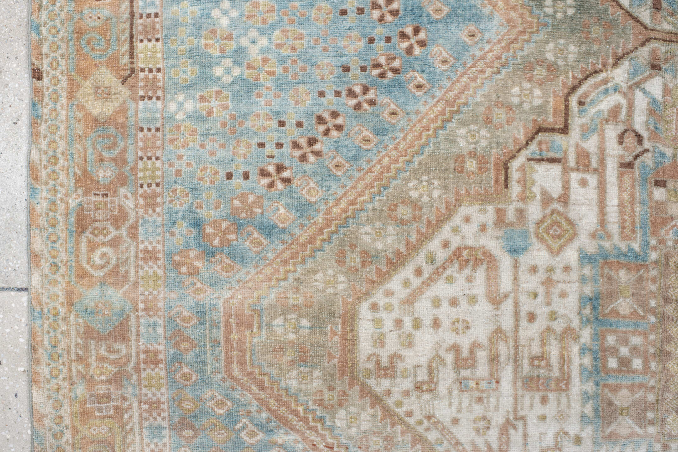 5' x 6' one-of-a-kind handmade antique Afshar rug. Color palette: sky blue, ivory, rust, blush, taupe, camel, brown