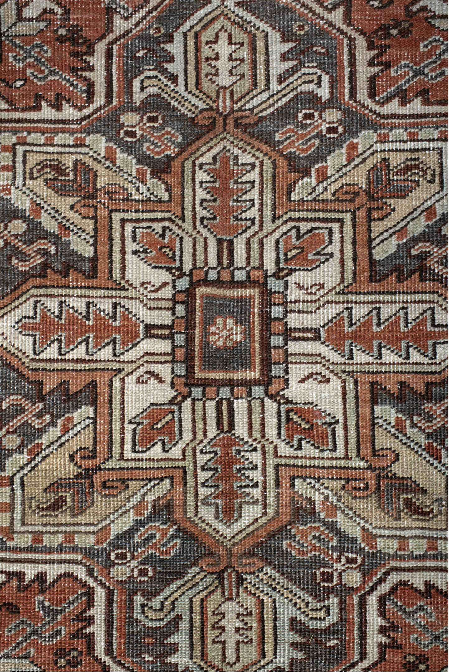 6' x 9' one-of-a-kind handmade vintage Heriz medium size rug. Color palette: black, brown, charcoal, floral white, gray