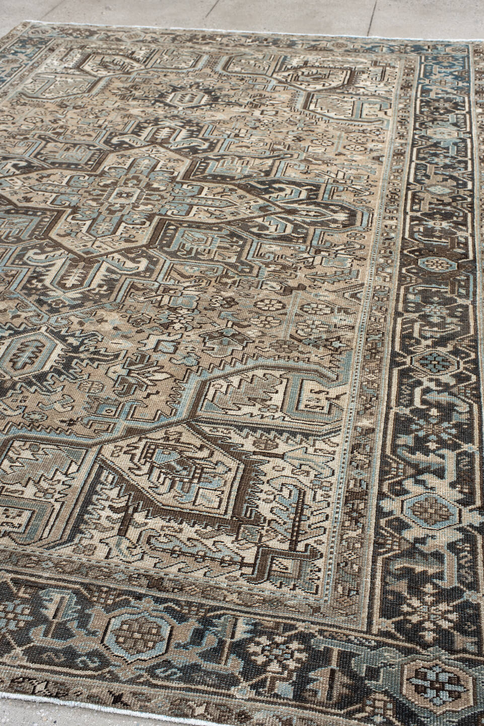 8' x 11' one-of-a-kind handmade antique Heriz large size rug. Color palette: ivory, taupe, charcoal, sky_blue, slate, camel