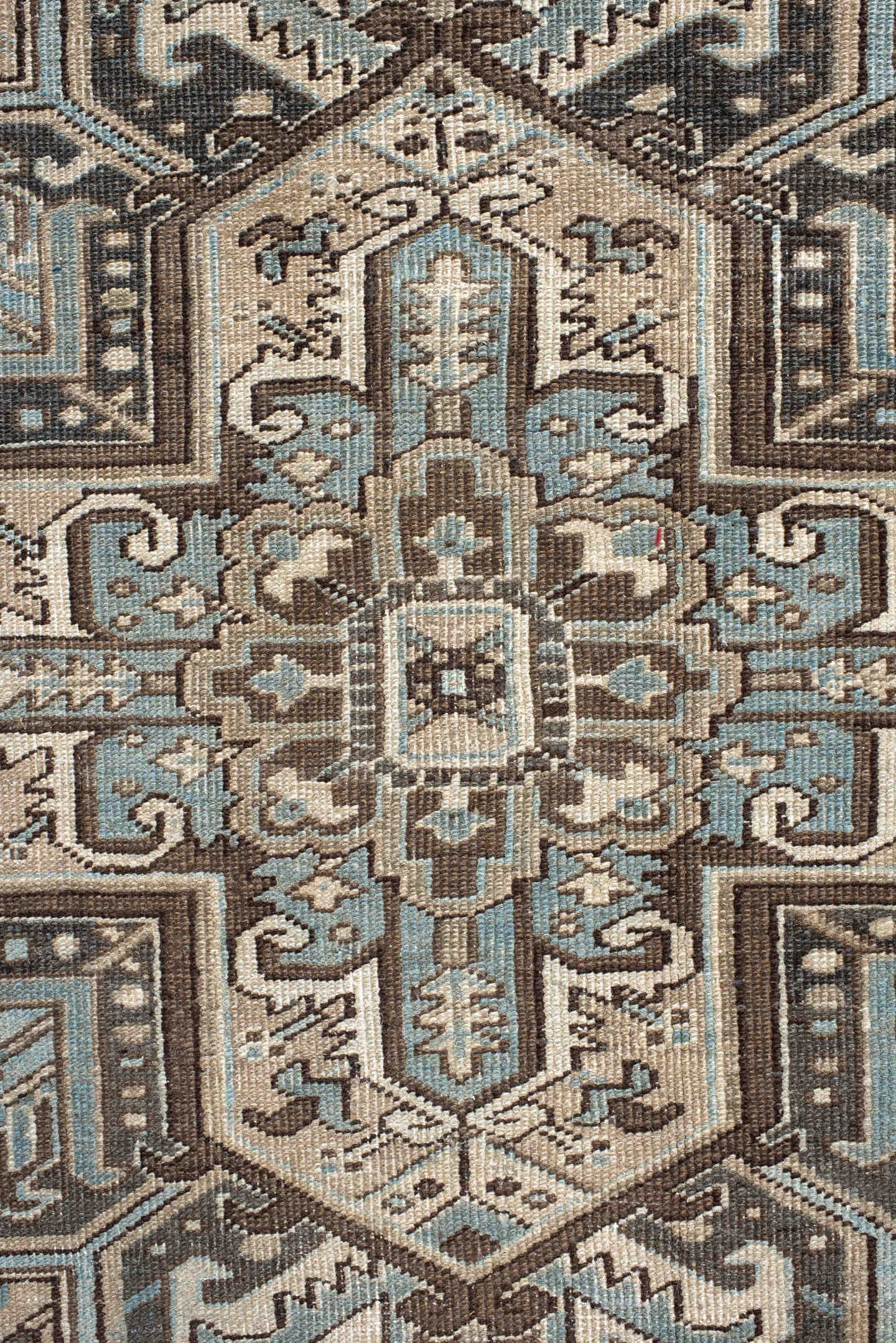 8' x 11' one-of-a-kind handmade antique Heriz large size rug. Color palette: ivory, taupe, charcoal, sky_blue, slate, camel