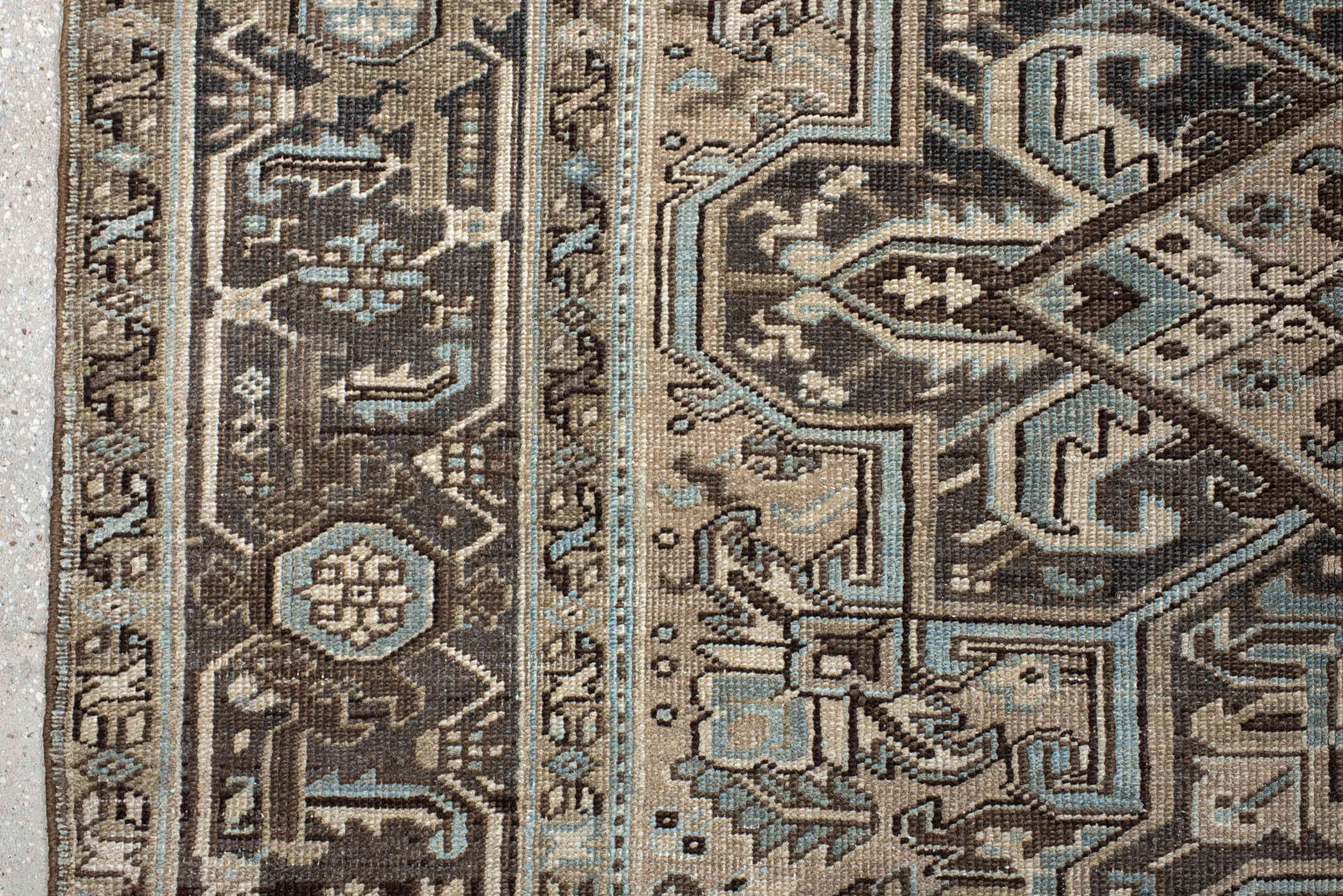 8' x 11' one-of-a-kind handmade antique Heriz large size rug. Color palette: ivory, taupe, charcoal, sky_blue, slate, camel