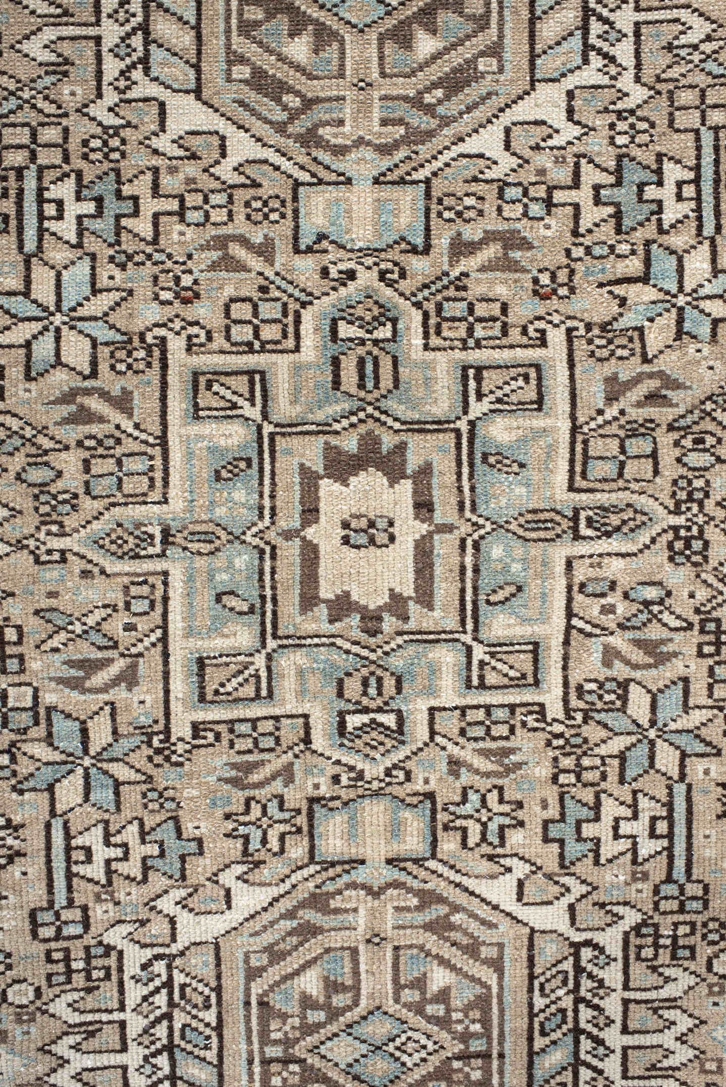 7' x 11' one-of-a-kind handmade antique Karaje large size rug. Color palette: ivory, brown, sky blue, taupe, camel