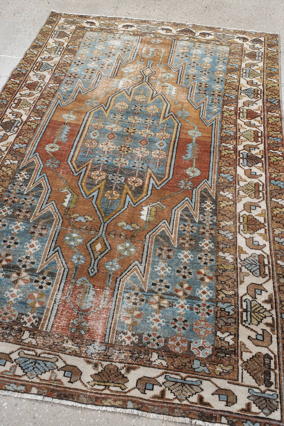 4' x 6' one-of-a-kind handmade vintage Mazlaghan small size rug. Color palette: antiquewhite, black, blue, brown, charcoal