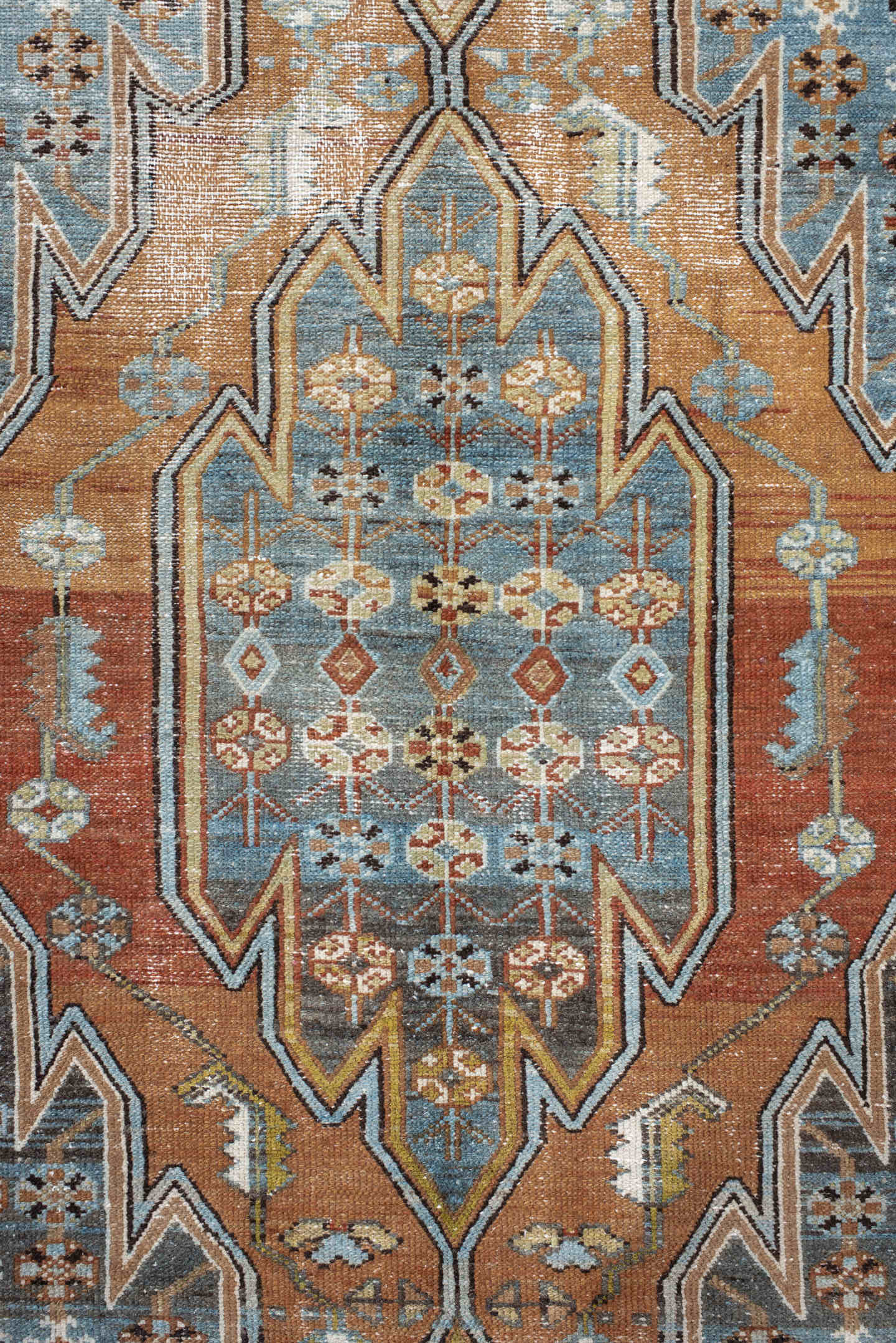 4' x 6' one-of-a-kind handmade antique Mazlaghan small size rug. Color palette: terra cotta, powder blue, ivory, brown