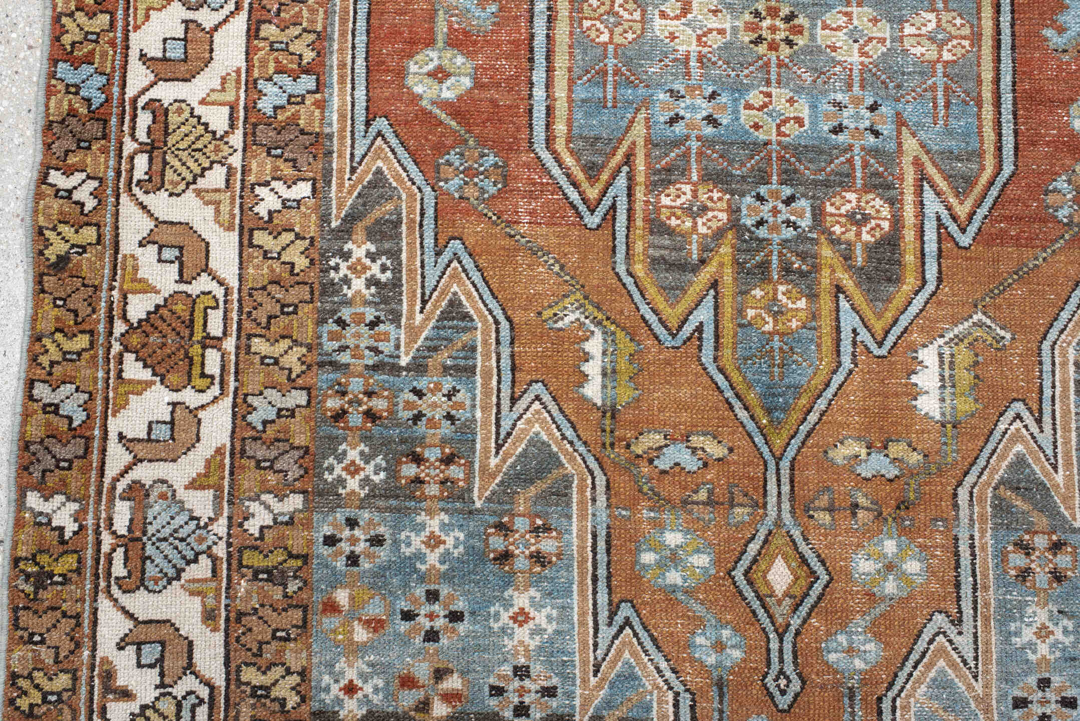4' x 6' one-of-a-kind handmade antique Mazlaghan small size rug. Color palette: terra cotta, powder blue, ivory, brown