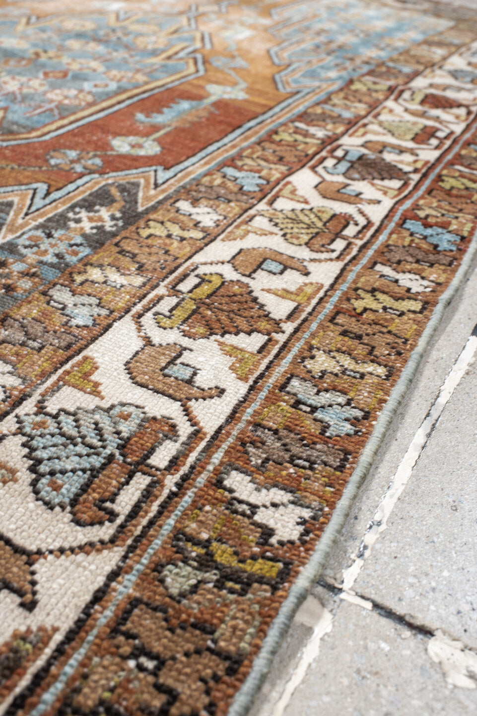 4' x 6' one-of-a-kind handmade vintage Mazlaghan small size rug. Color palette: antiquewhite, black, blue, brown, charcoal