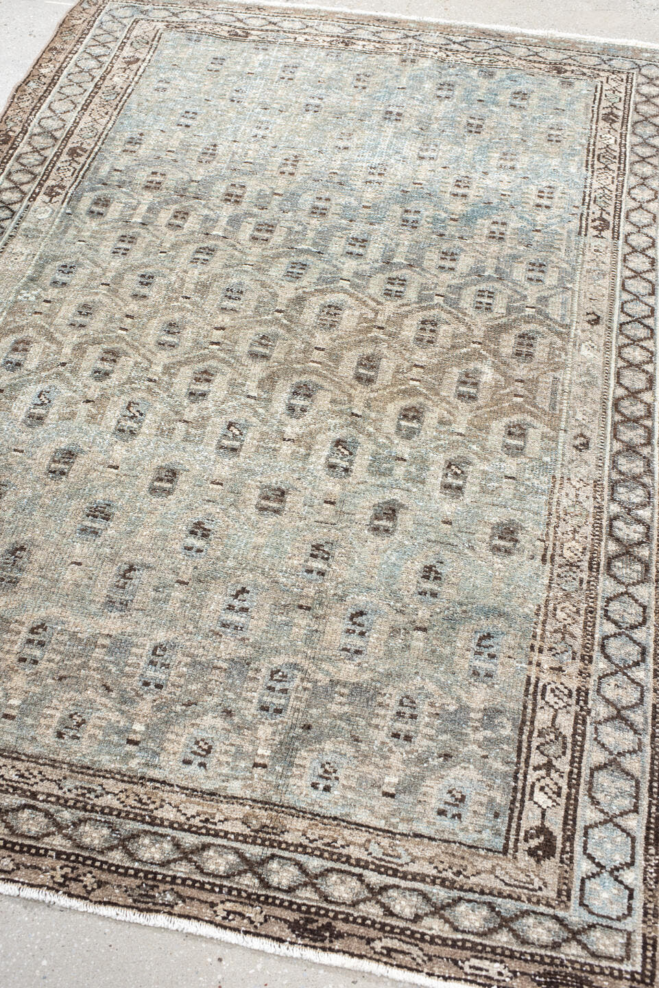 4' x 6' one-of-a-kind handmade antique Hamadan small size rug. Color palette: pale blue, ivory, taupe, brown, charcoal