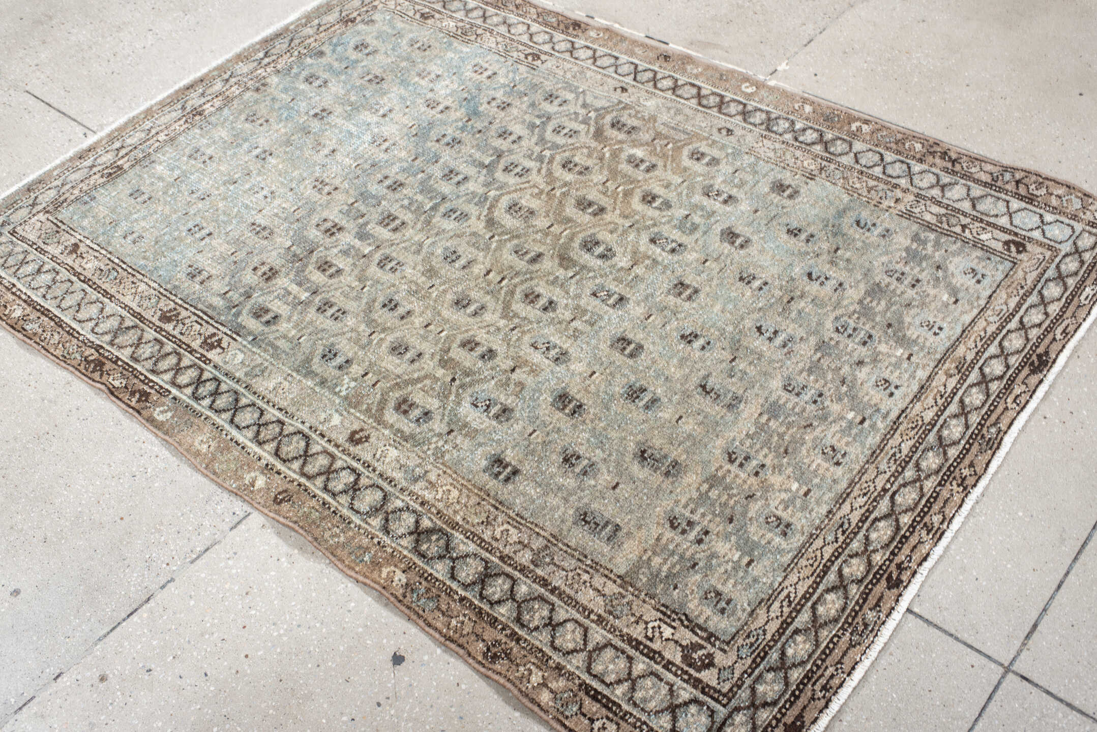 4' x 6' one-of-a-kind handmade antique Hamadan small size rug. Color palette: pale blue, ivory, taupe, brown, charcoal