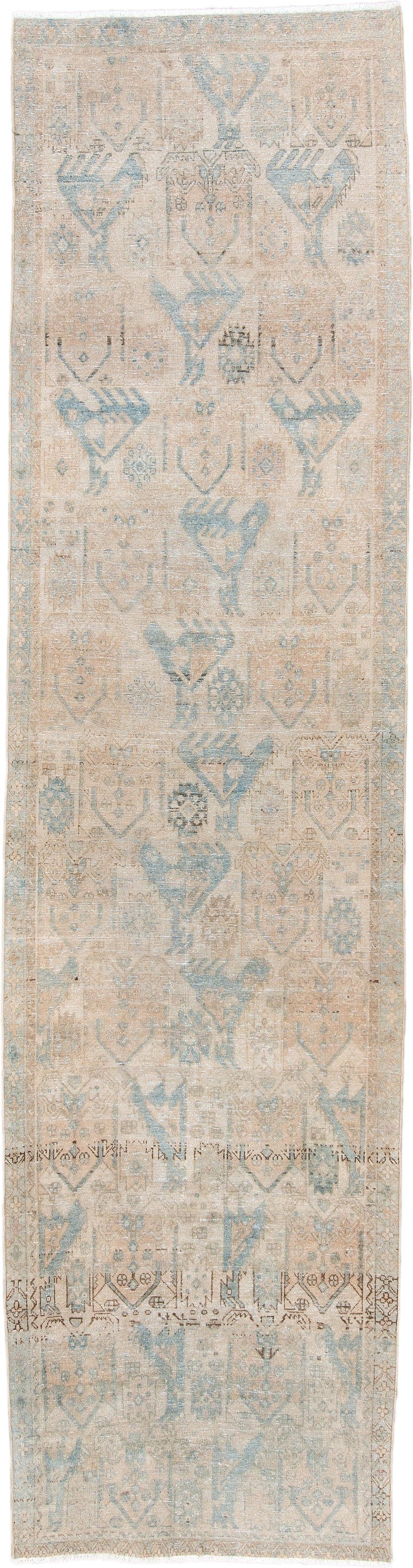 3' x 11' one-of-a-kind handmade antique Sarab runner rug. Color palette: ivory, beige, pale blue, taupe, camel, brown