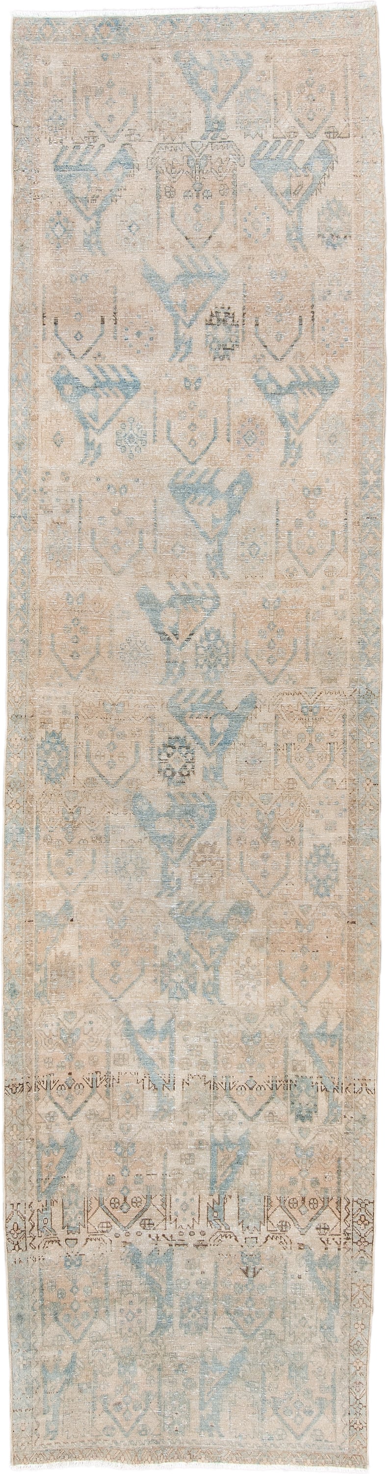 3' x 11' one-of-a-kind handmade antique Sarab runner rug. Color palette: ivory, beige, pale blue, taupe, camel, brown