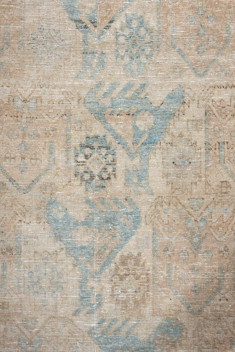 3' x 11' one-of-a-kind handmade antique Sarab runner rug. Color palette: ivory, beige, pale blue, taupe, camel, brown