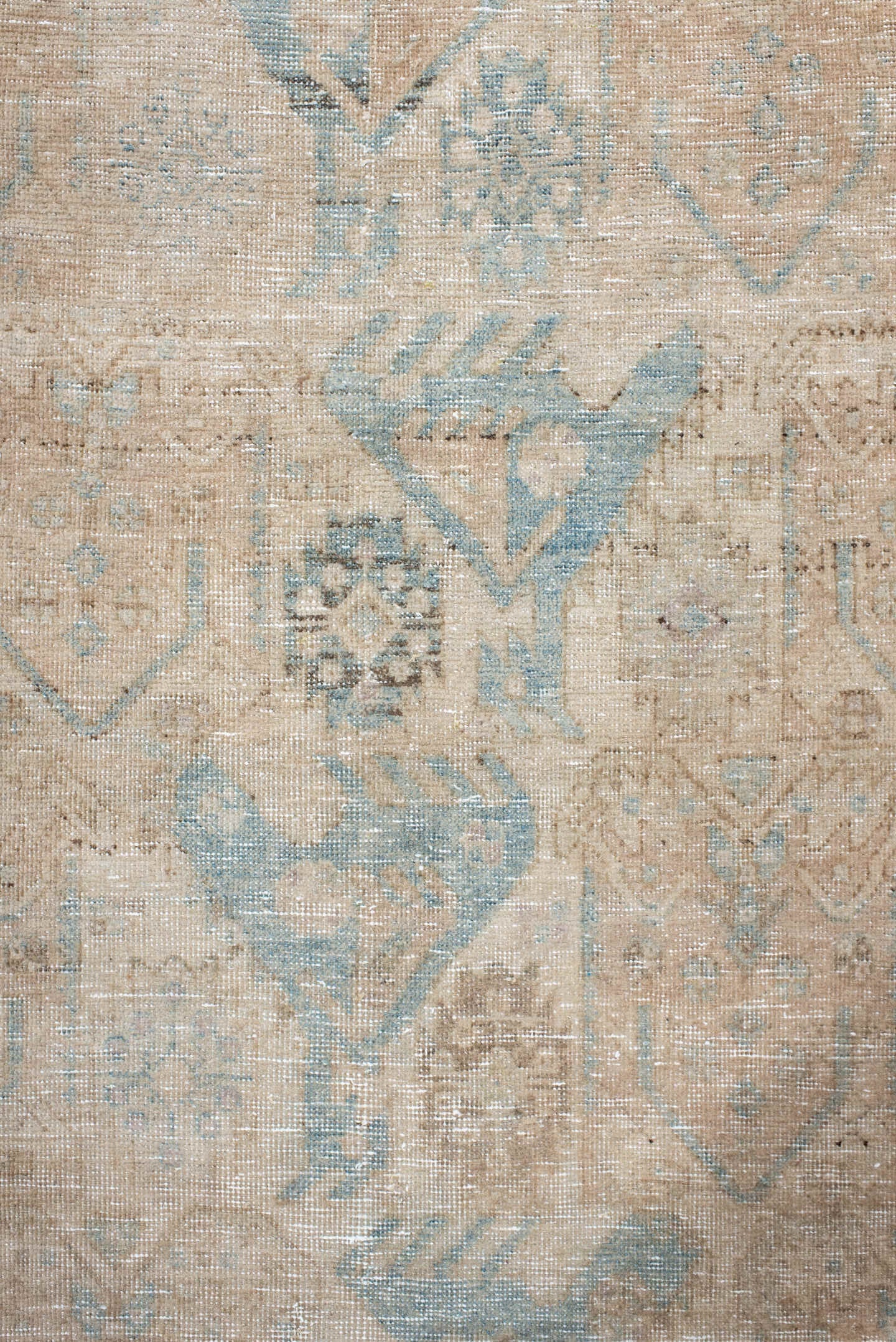 3' x 11' one-of-a-kind handmade antique Sarab runner rug. Color palette: ivory, beige, pale blue, taupe, camel, brown