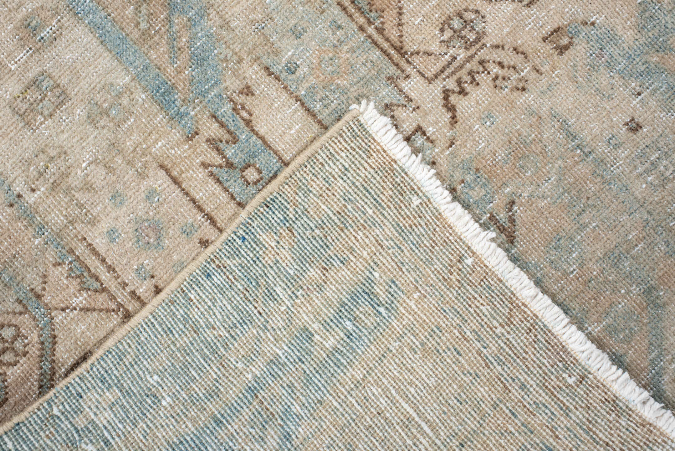 3' x 11' one-of-a-kind handmade antique Sarab runner rug. Color palette: ivory, beige, pale blue, taupe, camel, brown