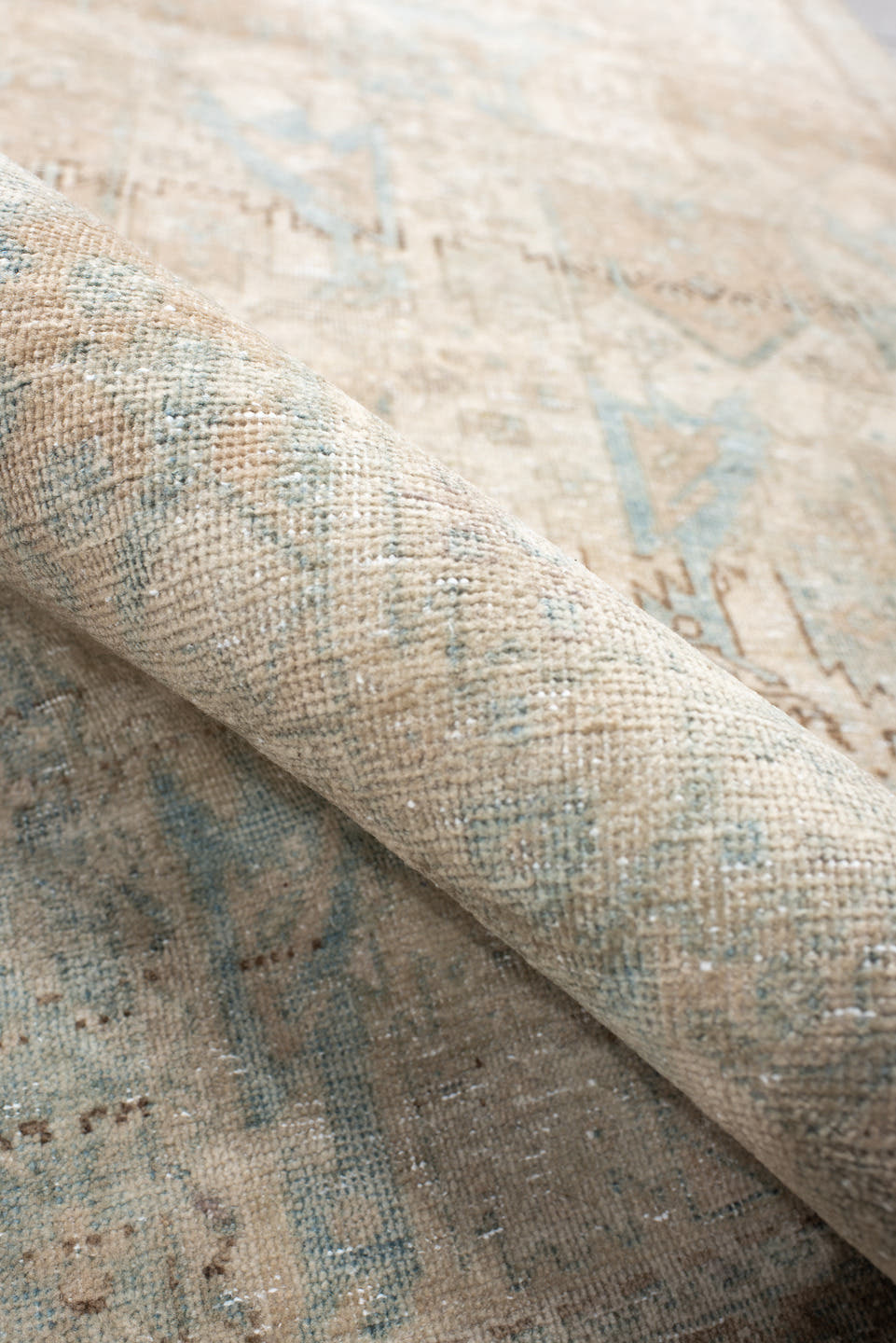 3' x 11' one-of-a-kind handmade antique Sarab runner rug. Color palette: ivory, beige, pale blue, taupe, camel, brown