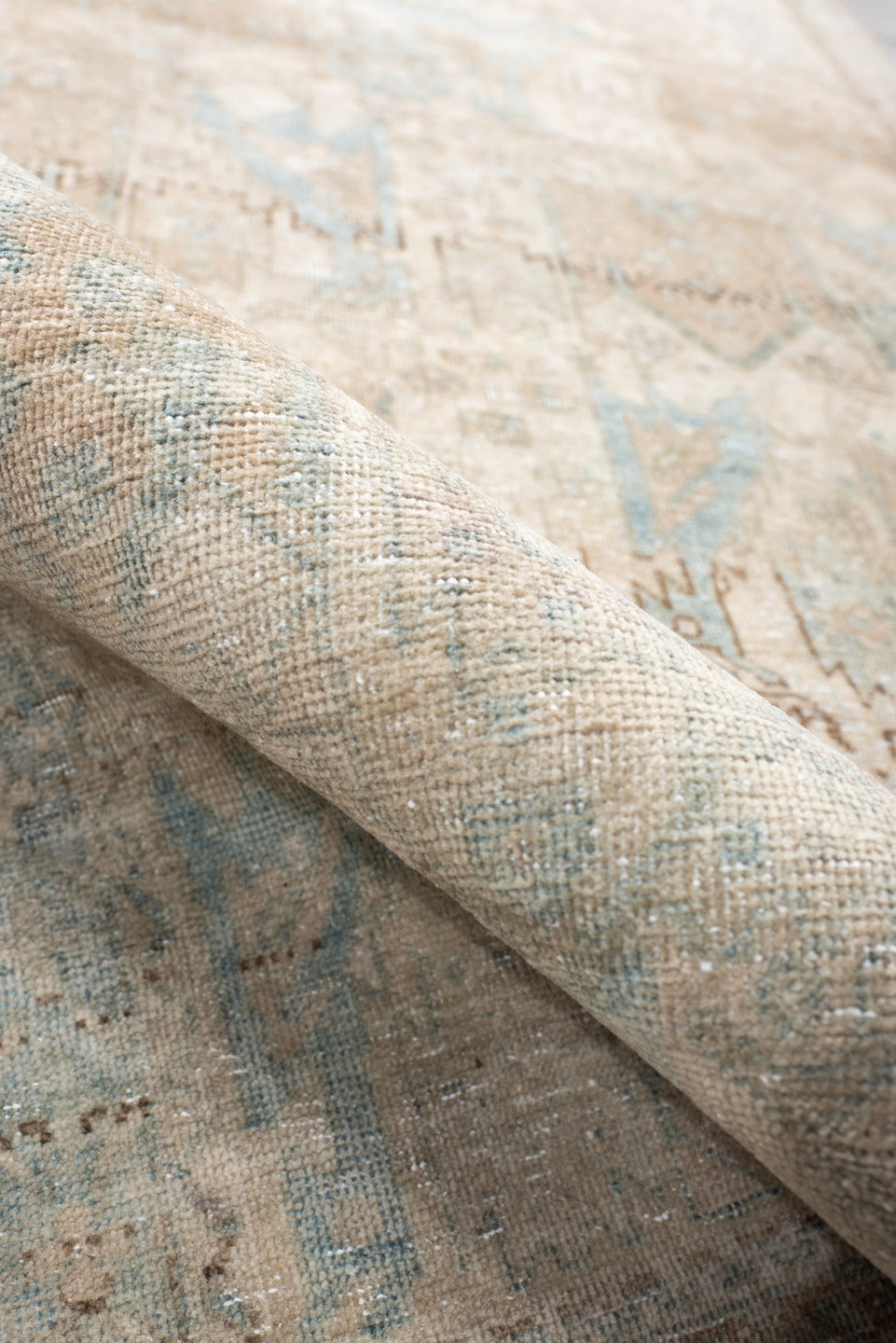 3' x 11' one-of-a-kind handmade antique Sarab runner rug. Color palette: ivory, beige, pale blue, taupe, camel, brown