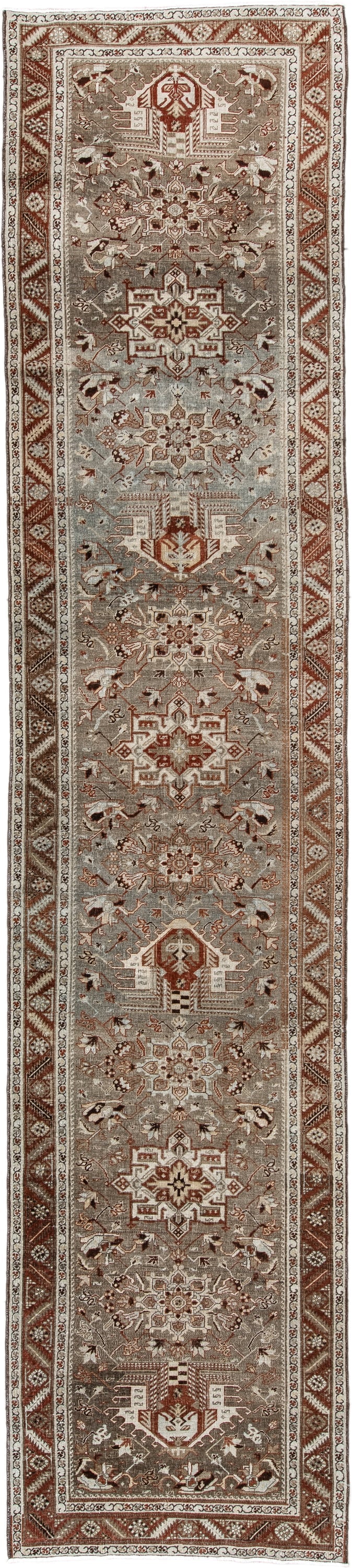 3' x 13' one-of-a-kind handmade vintage Heriz runner rug. Color palette: taupe, rust, ivory, brown, camel, charcoal, beige