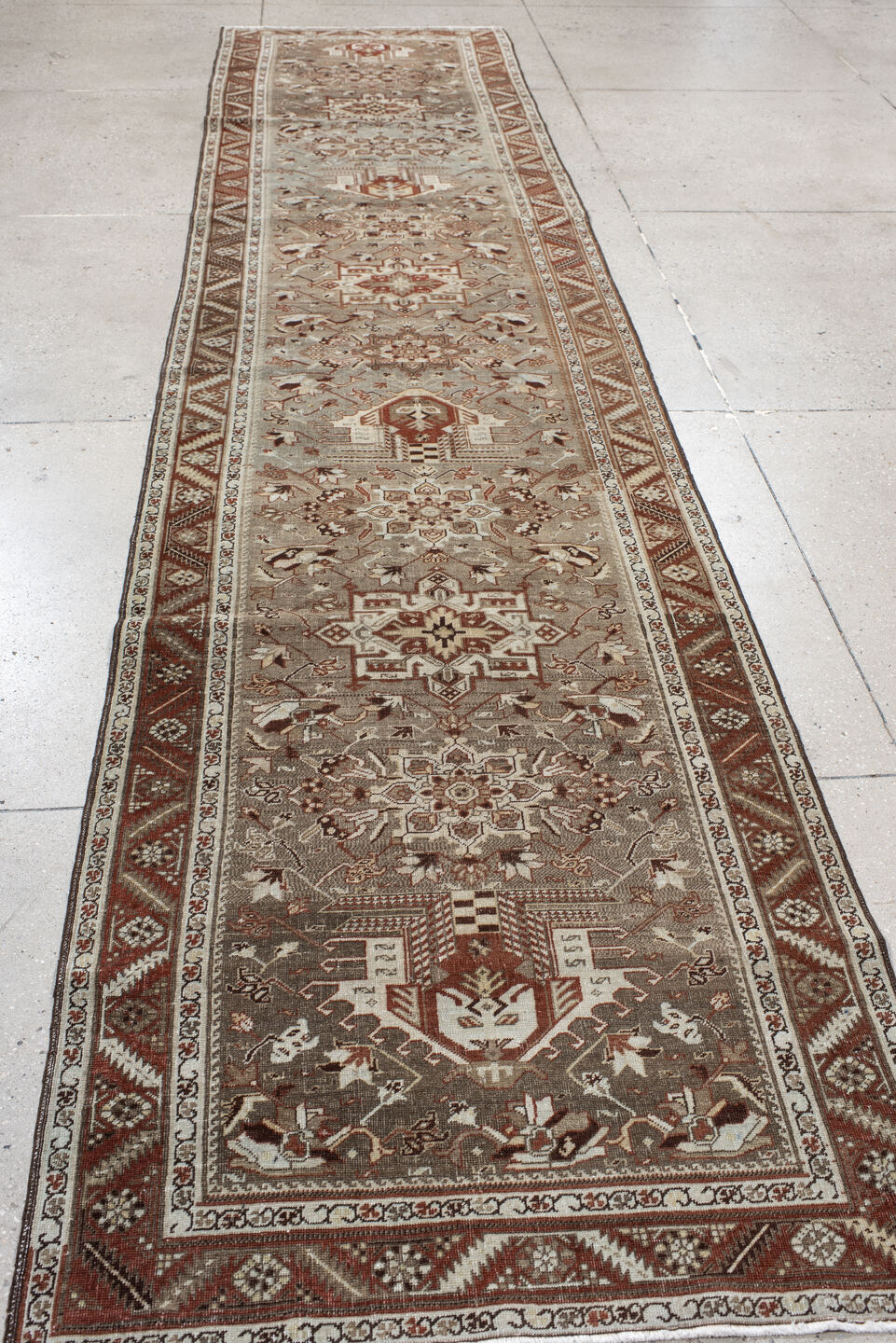 3' x 13' one-of-a-kind handmade vintage Heriz runner rug. Color palette: taupe, rust, ivory, brown, camel, charcoal, beige